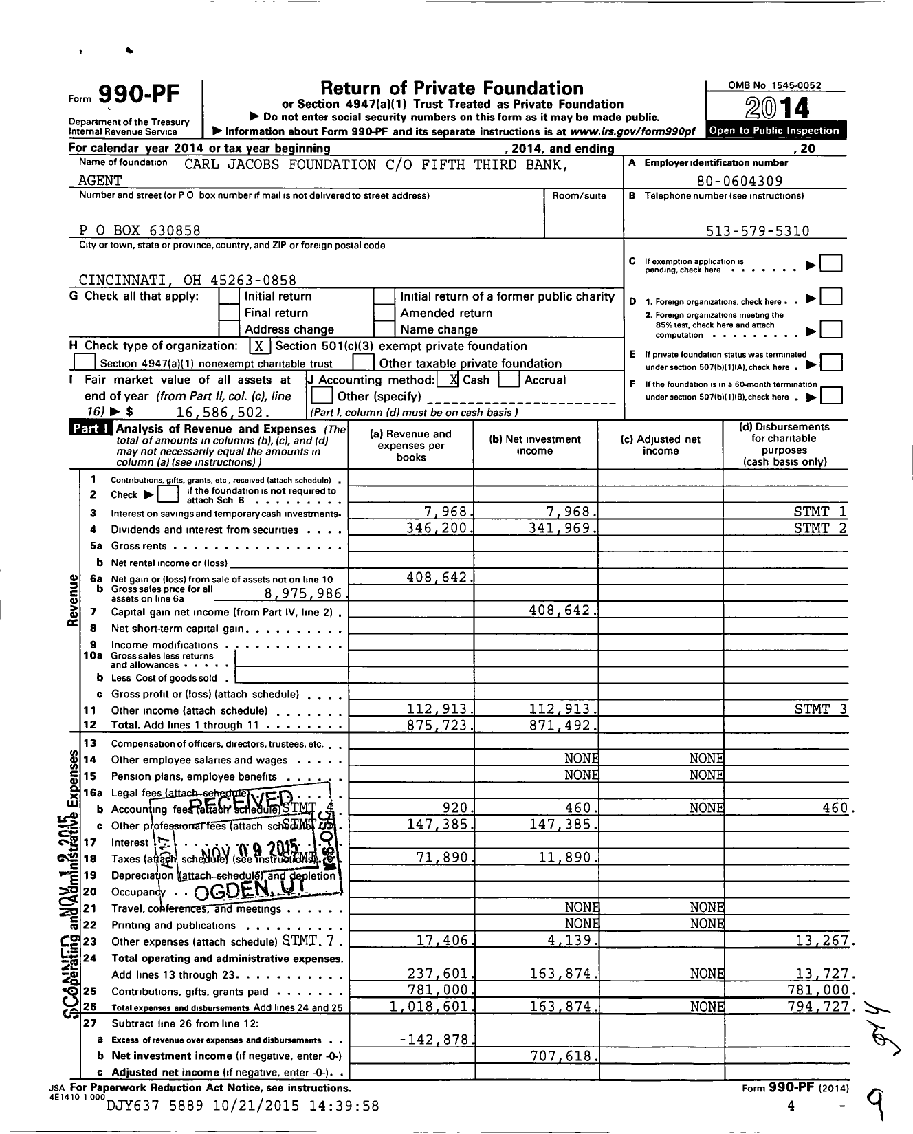 Image of first page of 2014 Form 990PF for Carl Jacobs Foundation