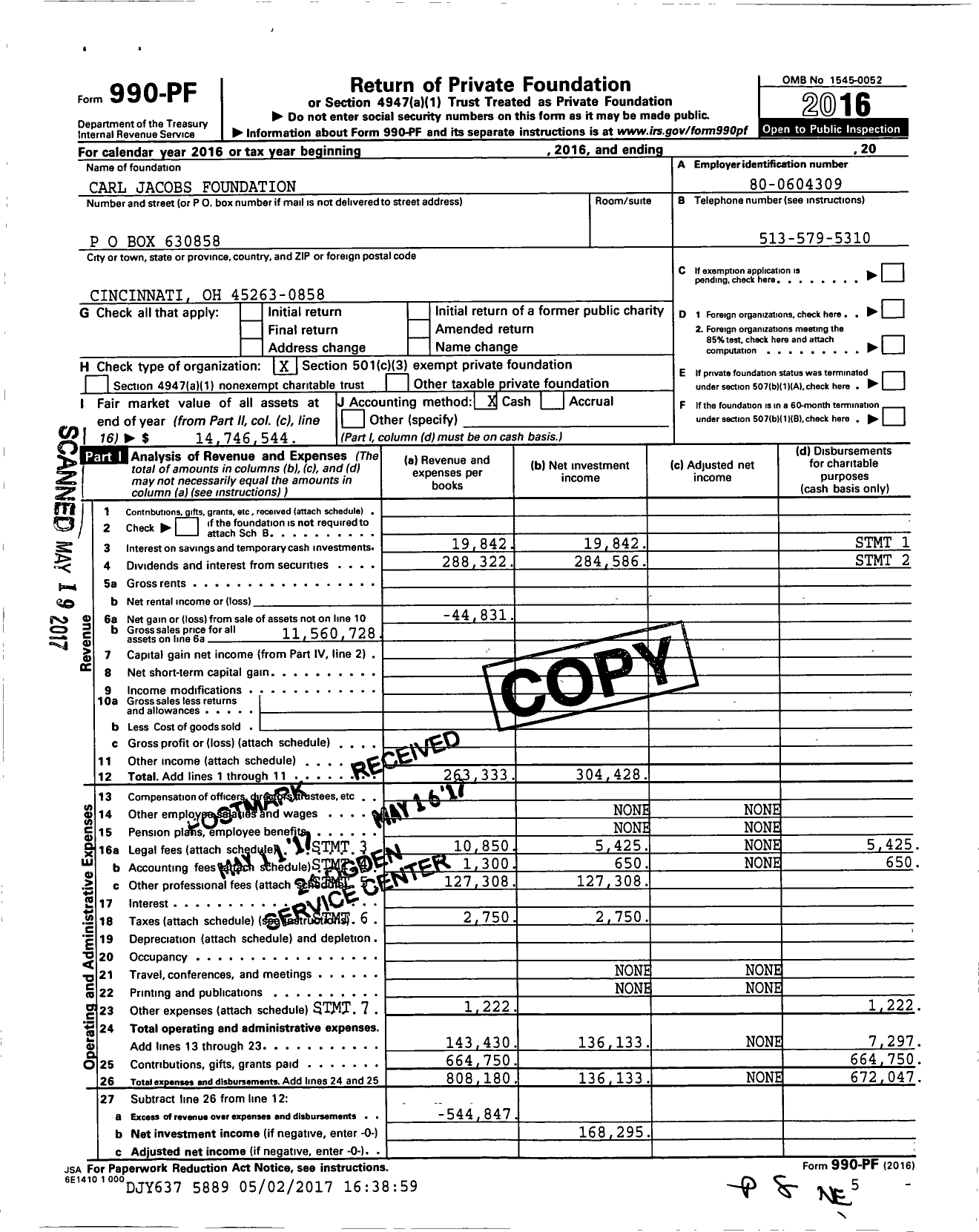 Image of first page of 2016 Form 990PF for Carl Jacobs Foundation