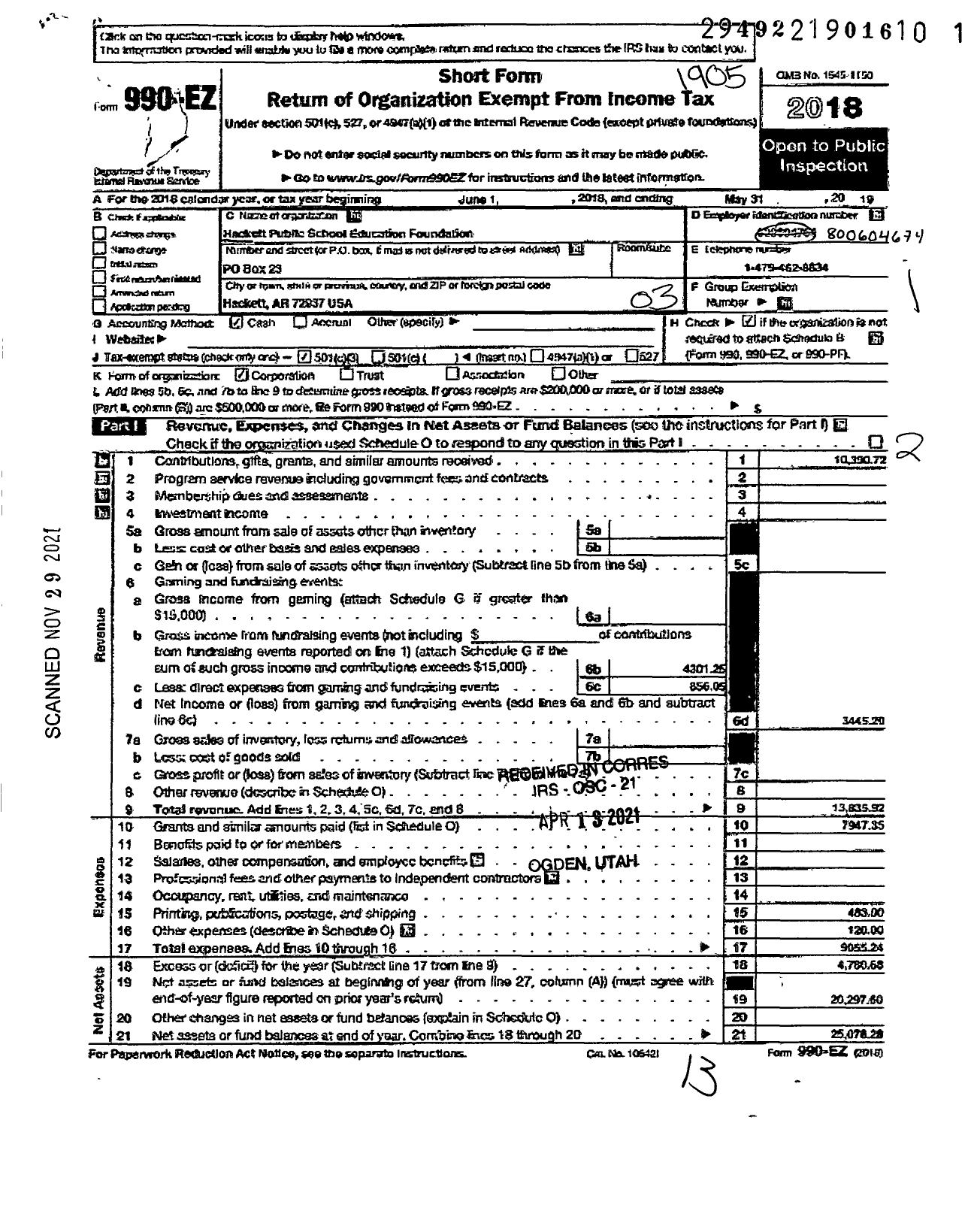 Image of first page of 2018 Form 990EZ for Hackett Public School Education Foundation