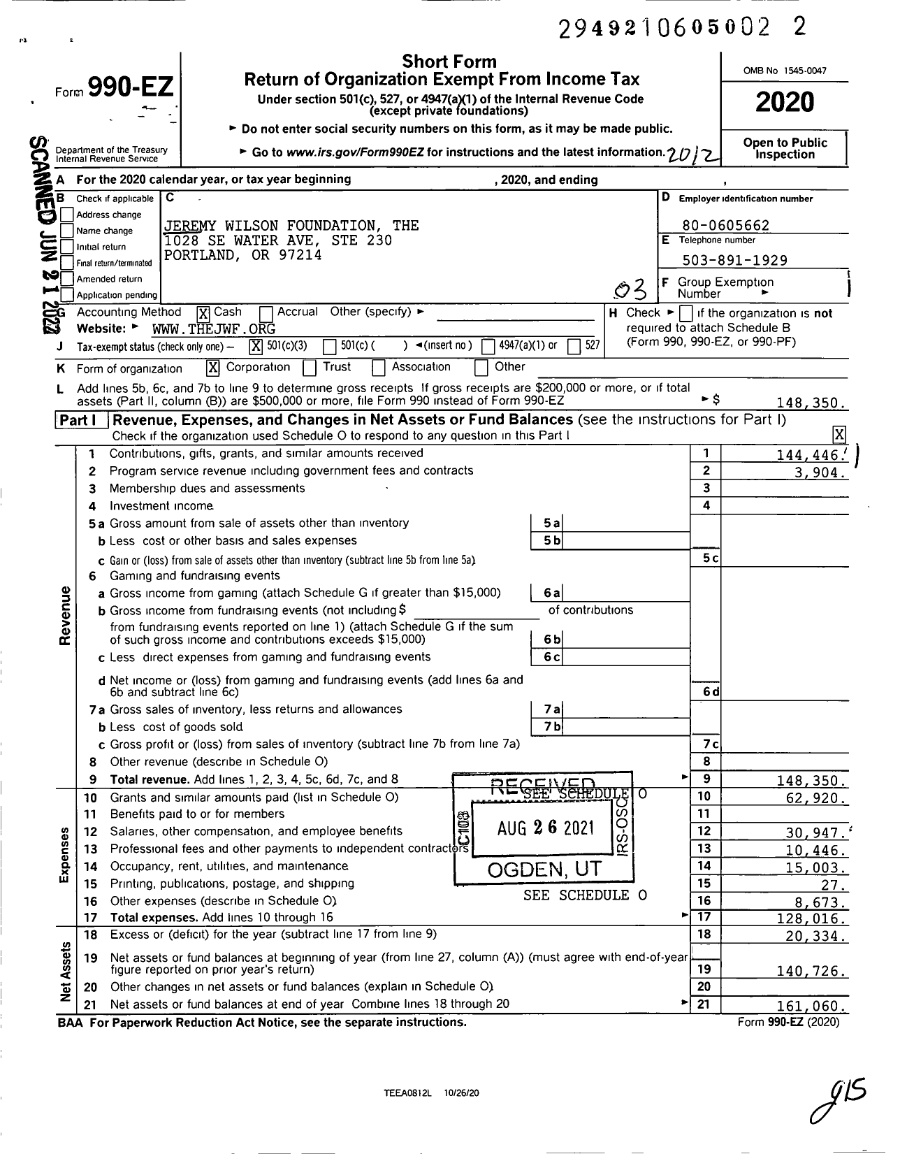 Image of first page of 2020 Form 990EZ for Jeremy Wilson Foundation the