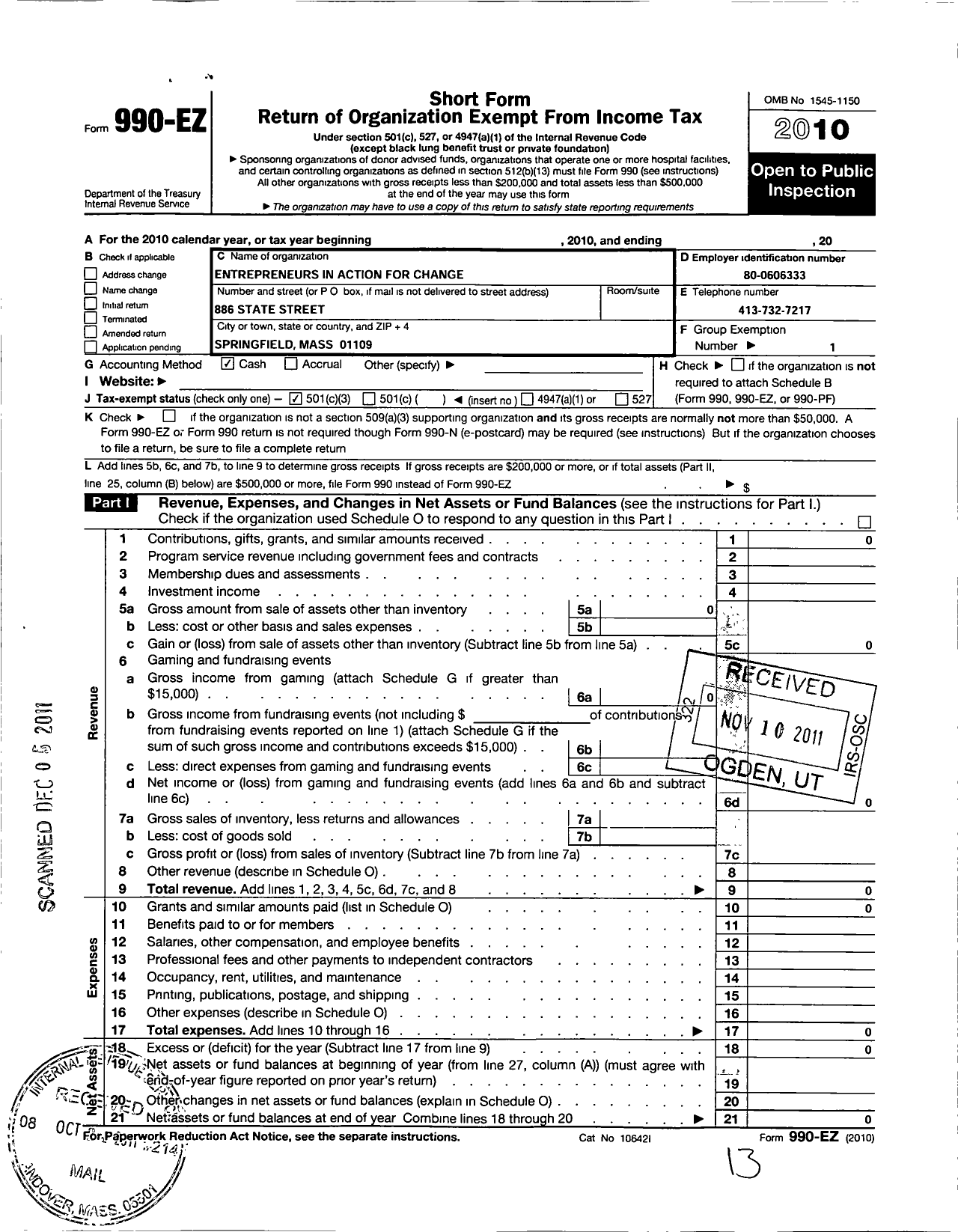 Image of first page of 2010 Form 990EZ for Entrepreneurs in Action for Change