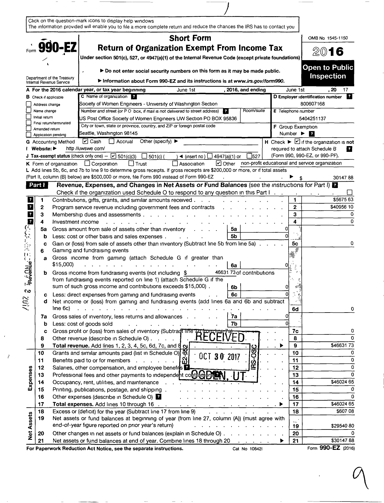 Image of first page of 2016 Form 990EZ for Society of Women Engineers / Washington University of