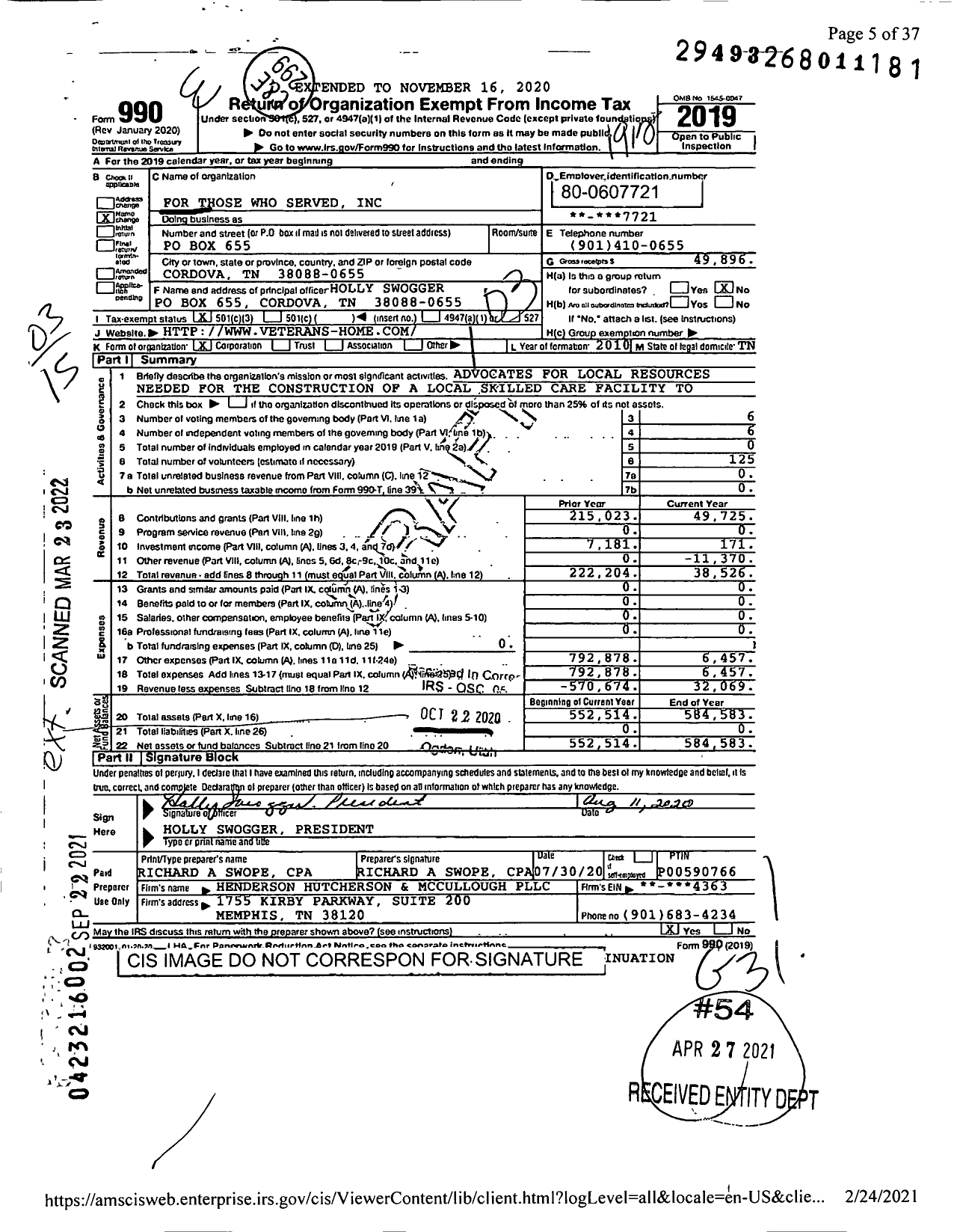 Image of first page of 2019 Form 990 for For Those Who Served