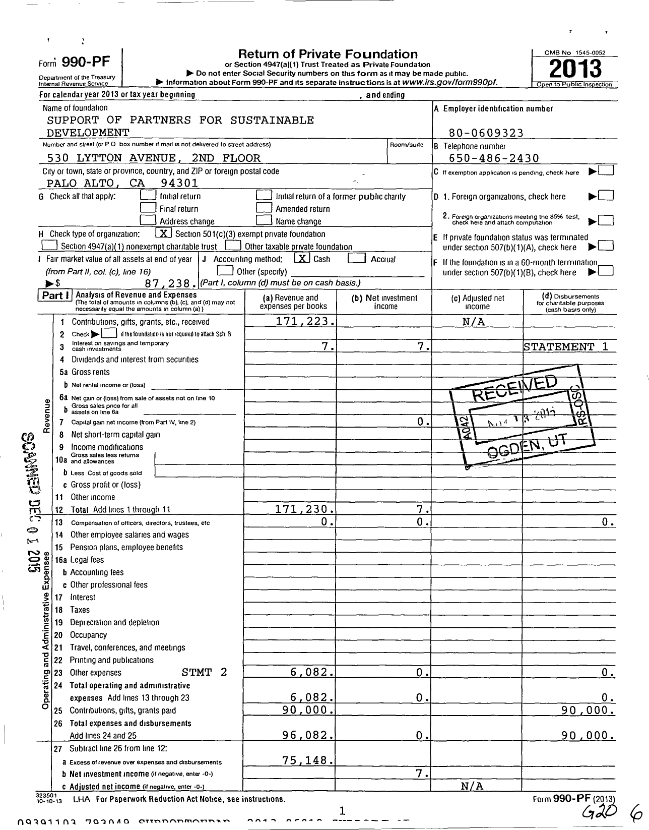 Image of first page of 2013 Form 990PF for Support of Partners for Sustainable Development