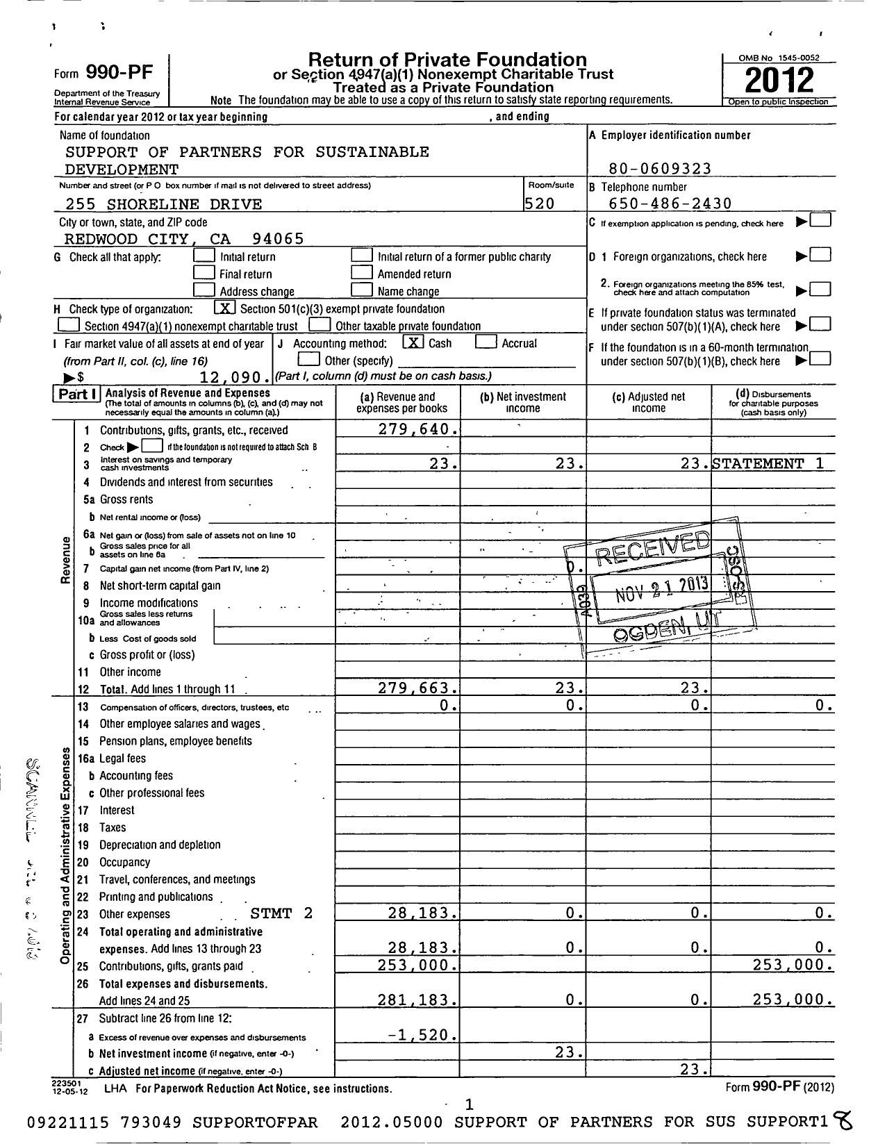 Image of first page of 2012 Form 990PF for Support of Partners for Sustainable Development