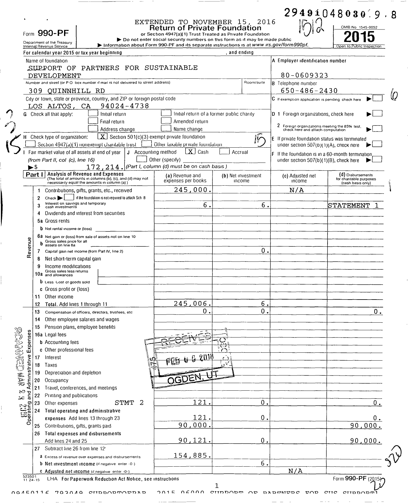 Image of first page of 2015 Form 990PF for Support of Partners for Sustainable Development