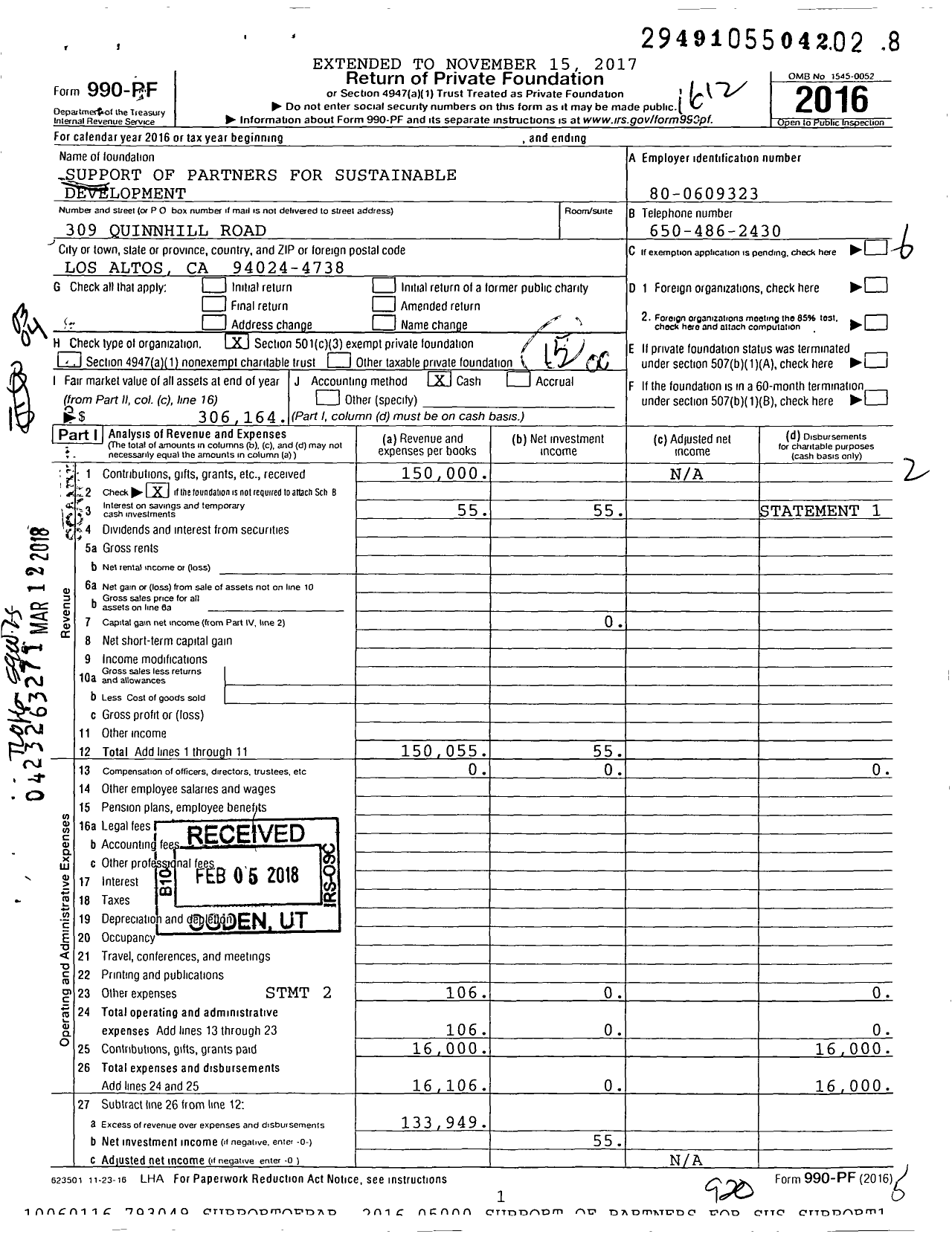 Image of first page of 2016 Form 990PF for Support of Partners for Sustainable Development