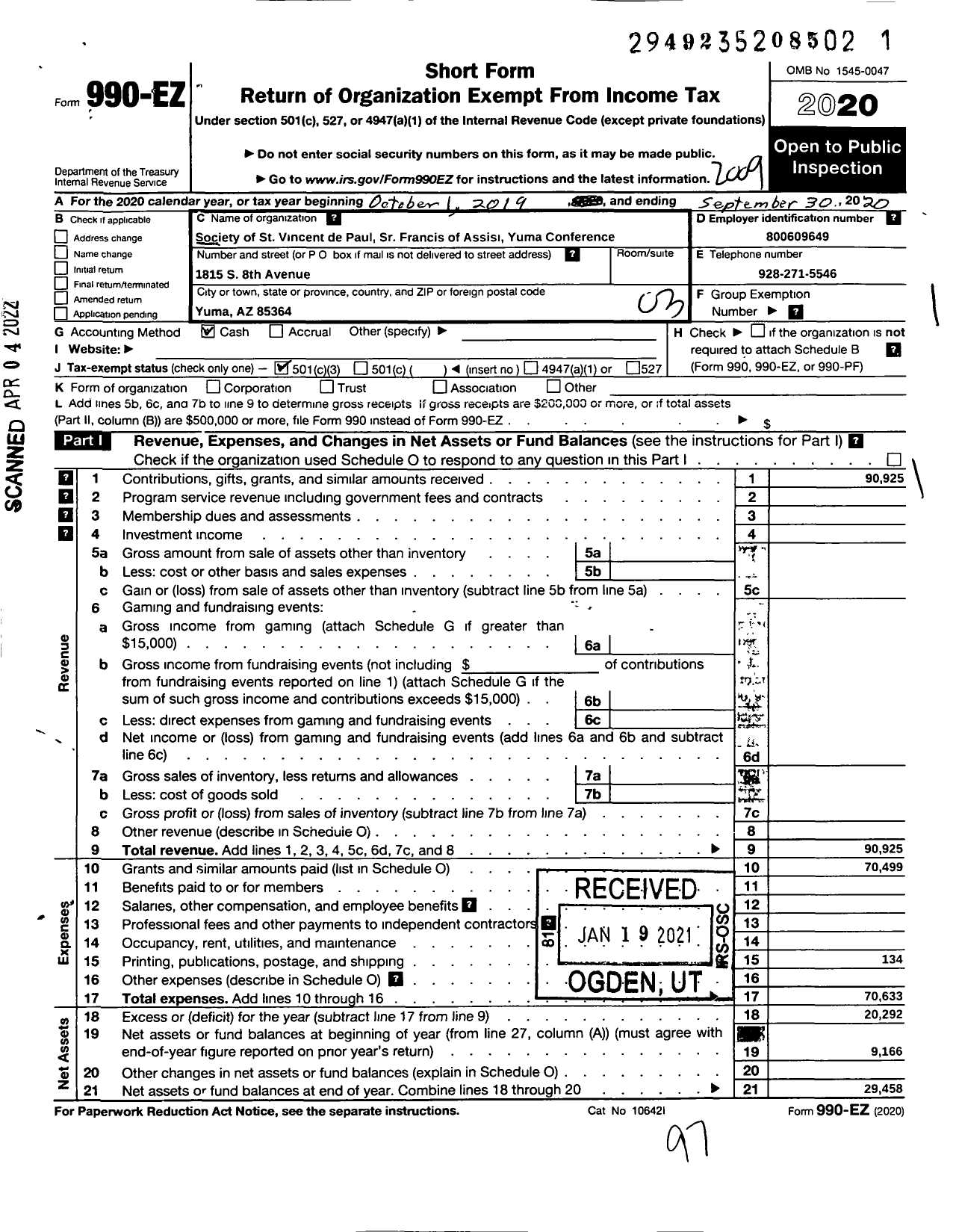 Image of first page of 2019 Form 990EZ for Society of St Vincent Depaul St Francis of Assisi Conference Yuma