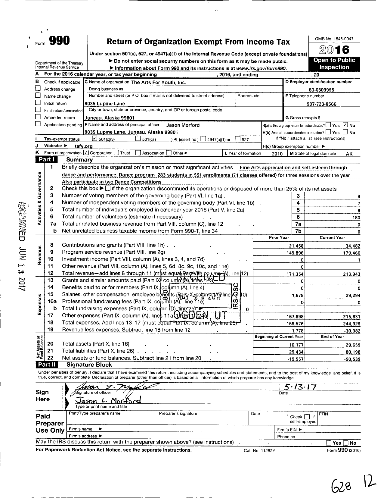 Image of first page of 2016 Form 990 for Arts for Youth