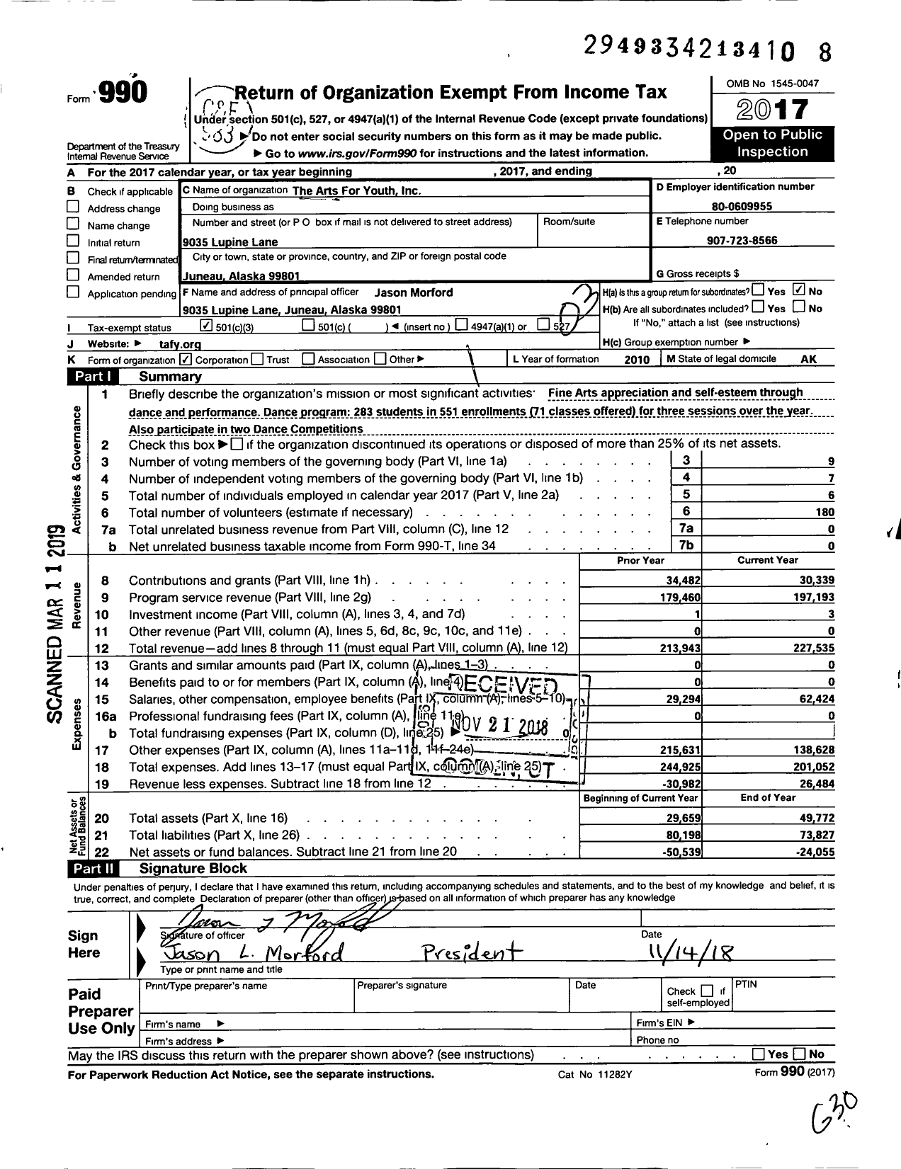 Image of first page of 2017 Form 990 for Arts for Youth