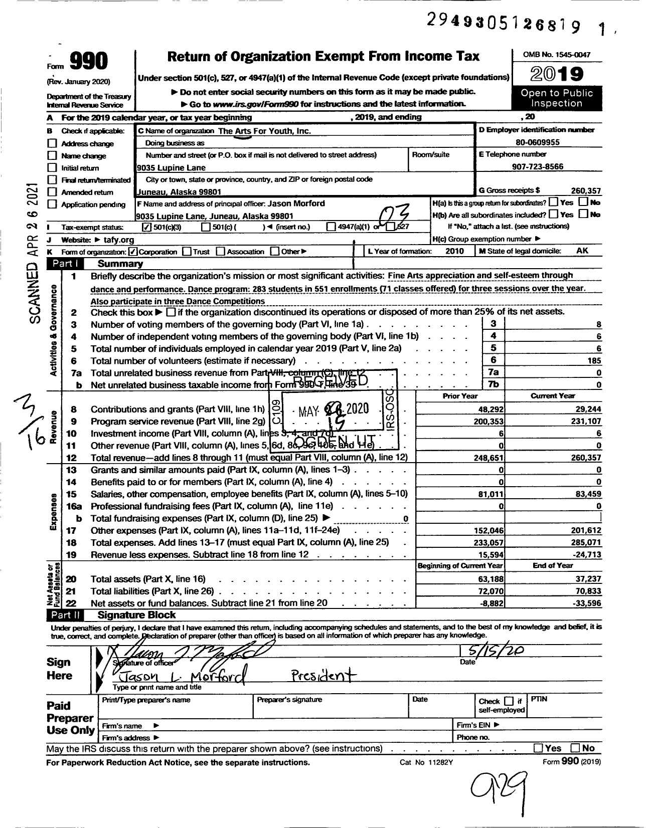 Image of first page of 2019 Form 990 for Arts for Youth