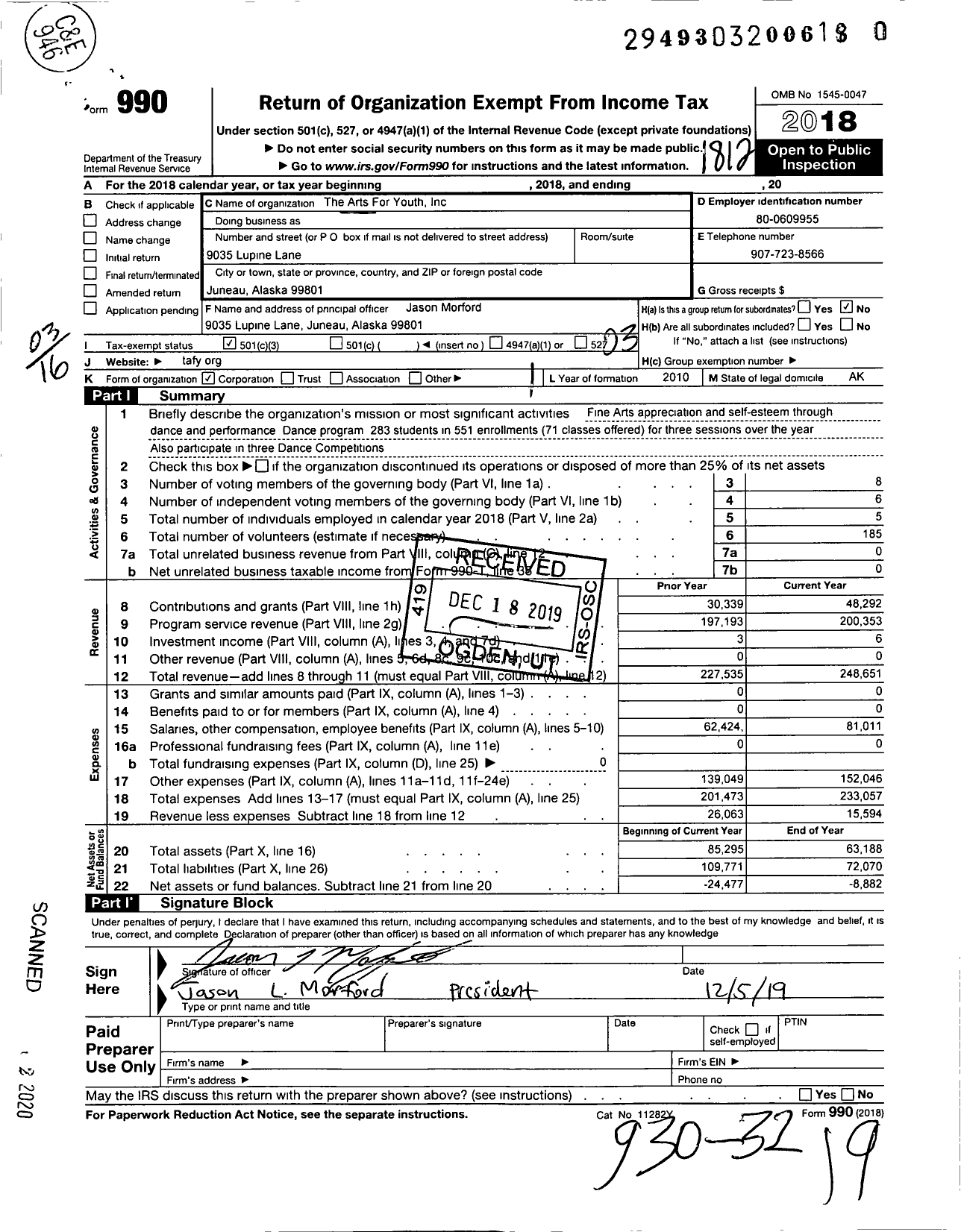 Image of first page of 2018 Form 990 for Arts for Youth