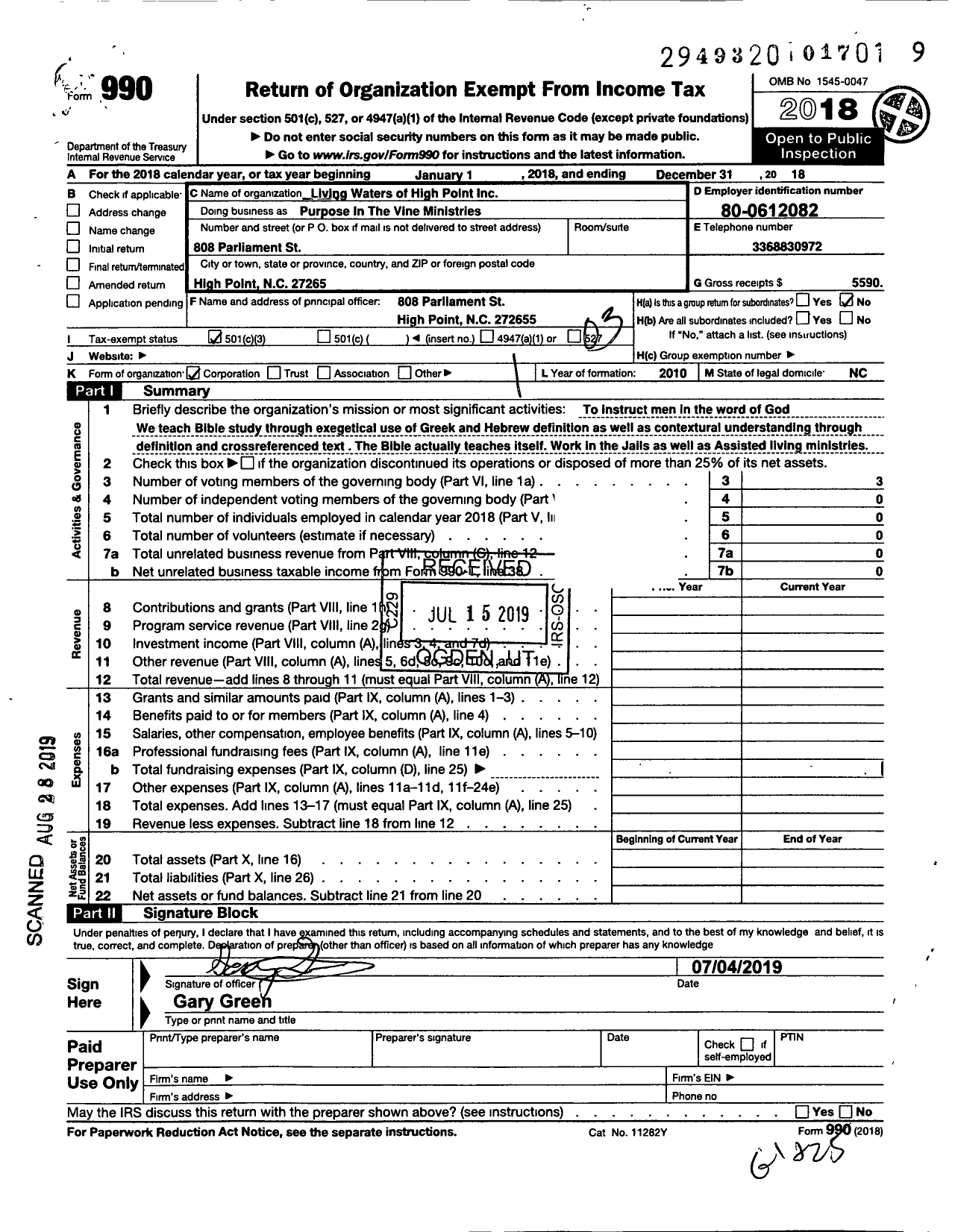 Image of first page of 2018 Form 990 for Living Waters of High Point