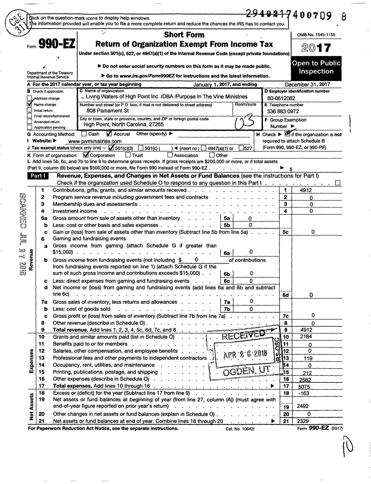 Image of first page of 2017 Form 990EZ for Living Waters of High Point