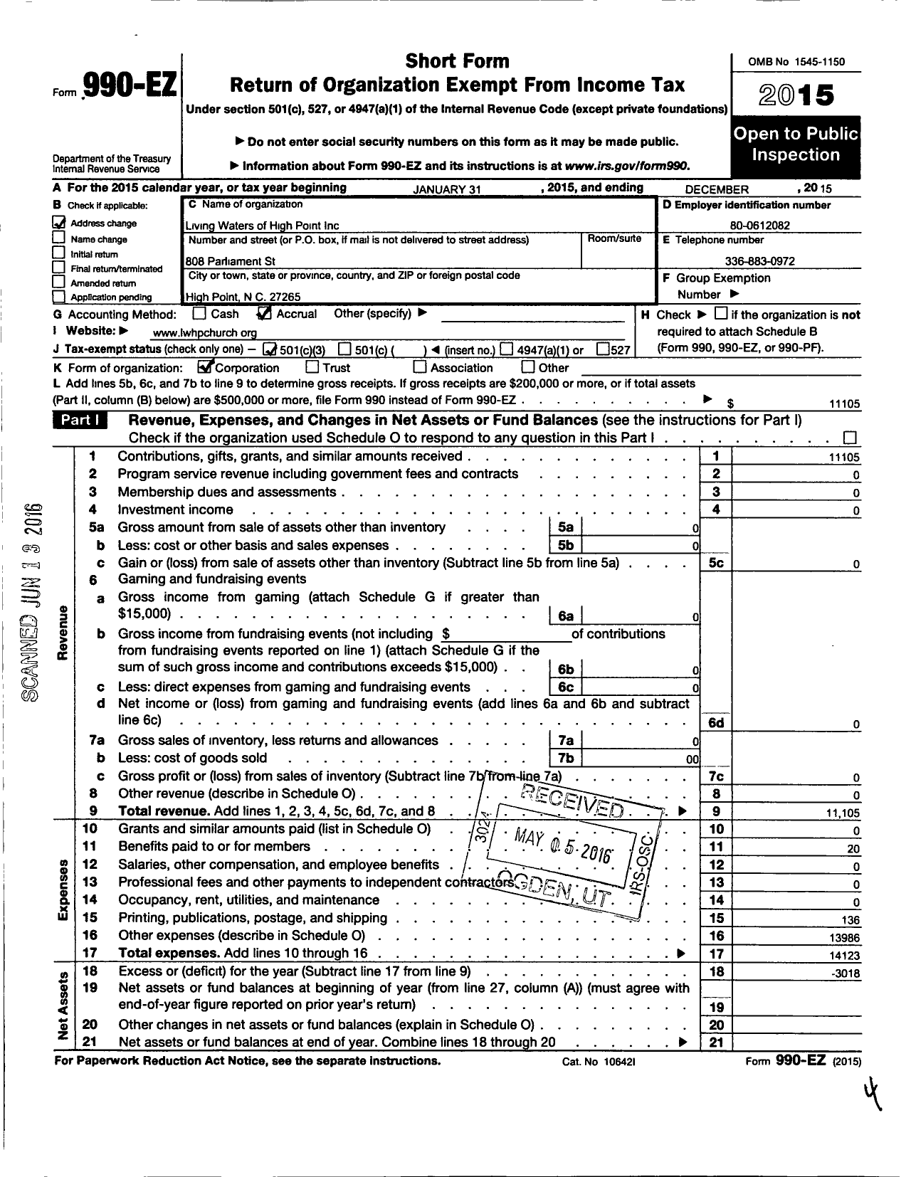 Image of first page of 2015 Form 990EZ for Living Waters of High Point