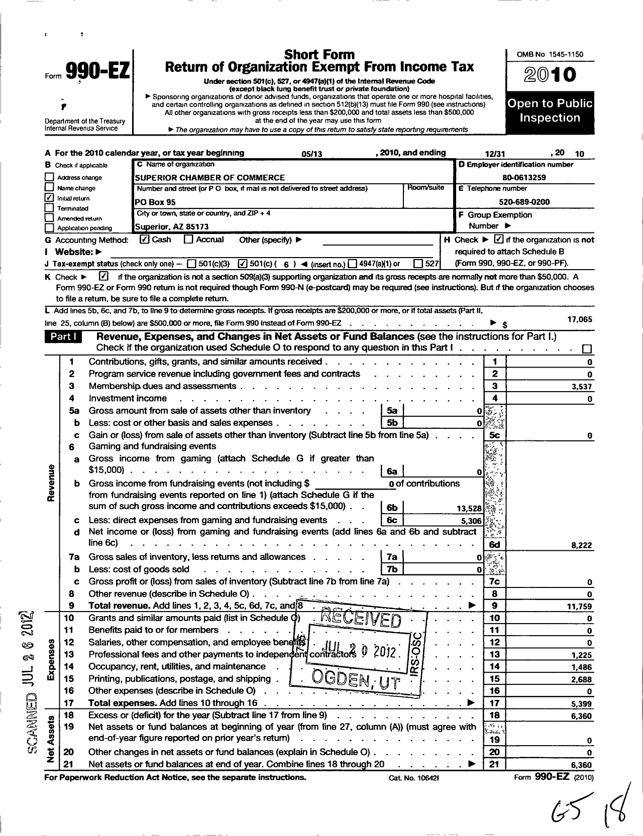 Image of first page of 2010 Form 990EO for Superior Chamber of Commerce