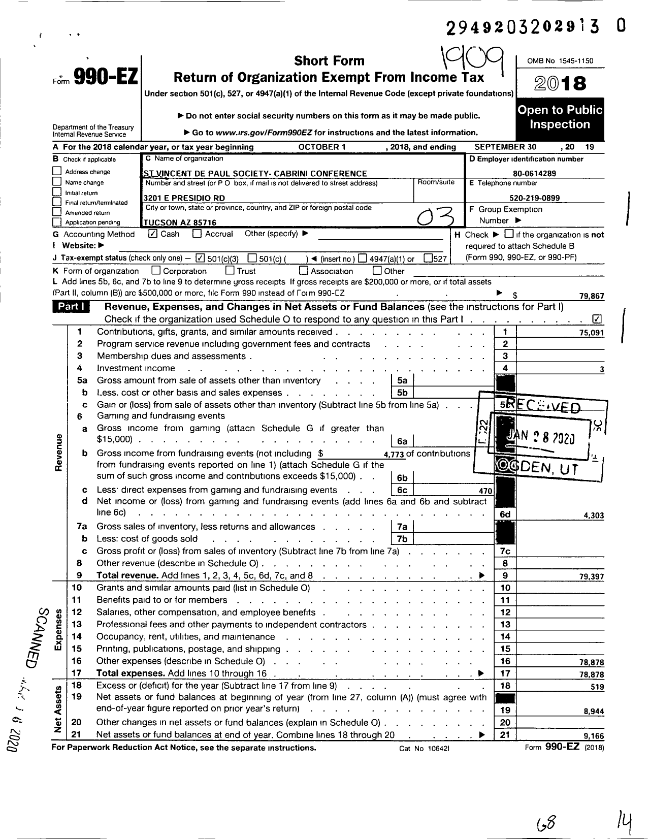 Image of first page of 2018 Form 990EZ for St Vincent de Paul - Cabriniolol Conference