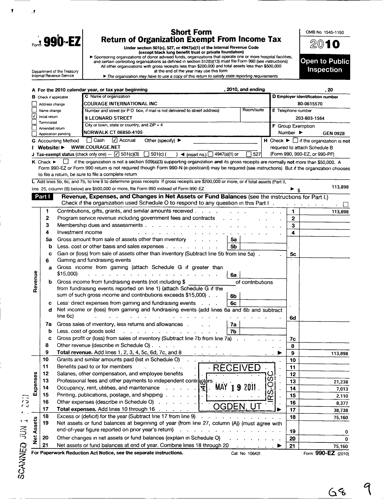 Image of first page of 2010 Form 990EZ for Courage International