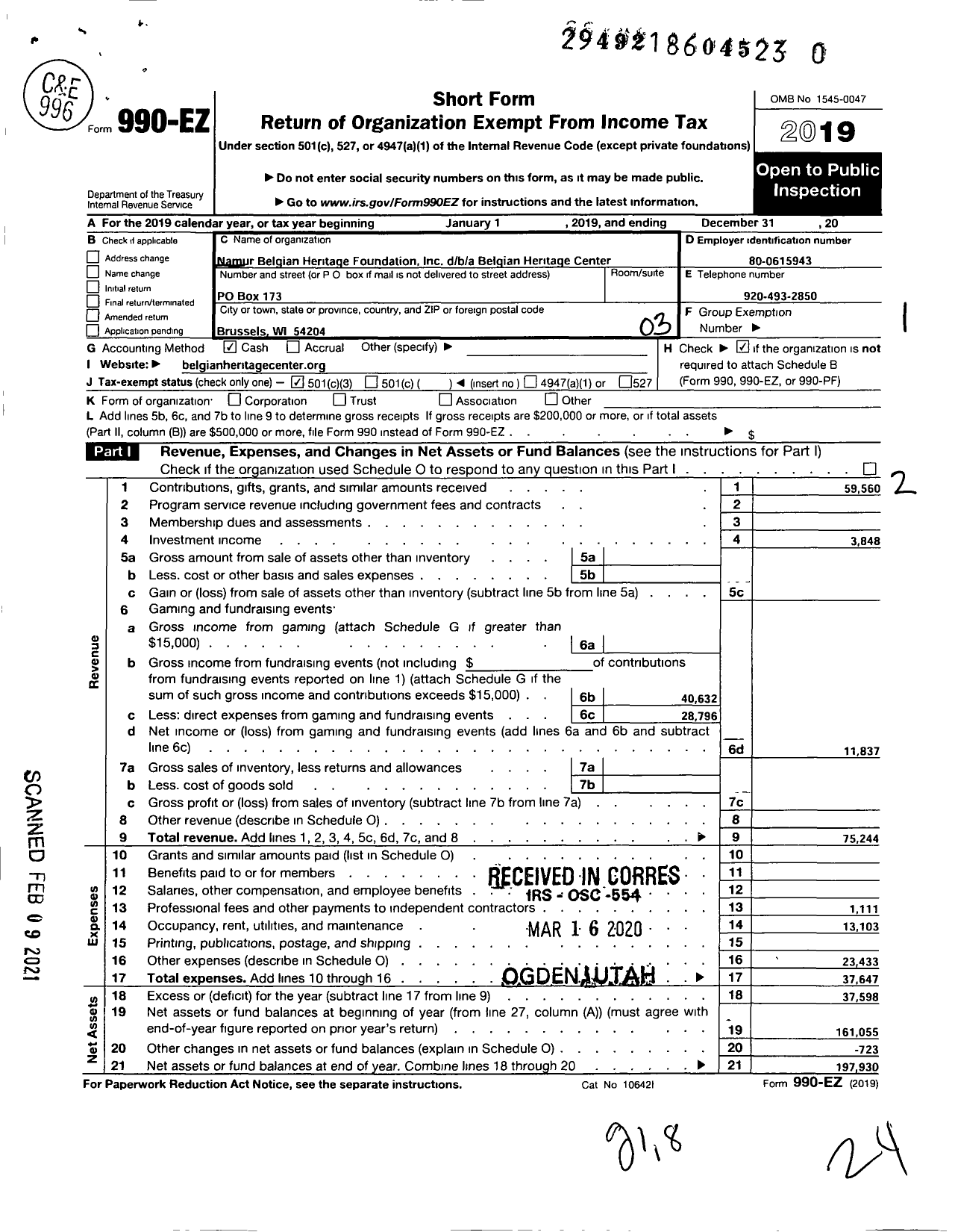 Image of first page of 2019 Form 990EZ for NAMUR Belgian HERITAGE FOUNDATION