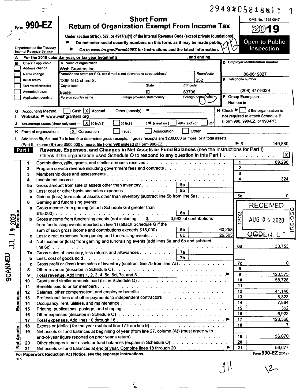 Image of first page of 2019 Form 990EZ for Wish Granters