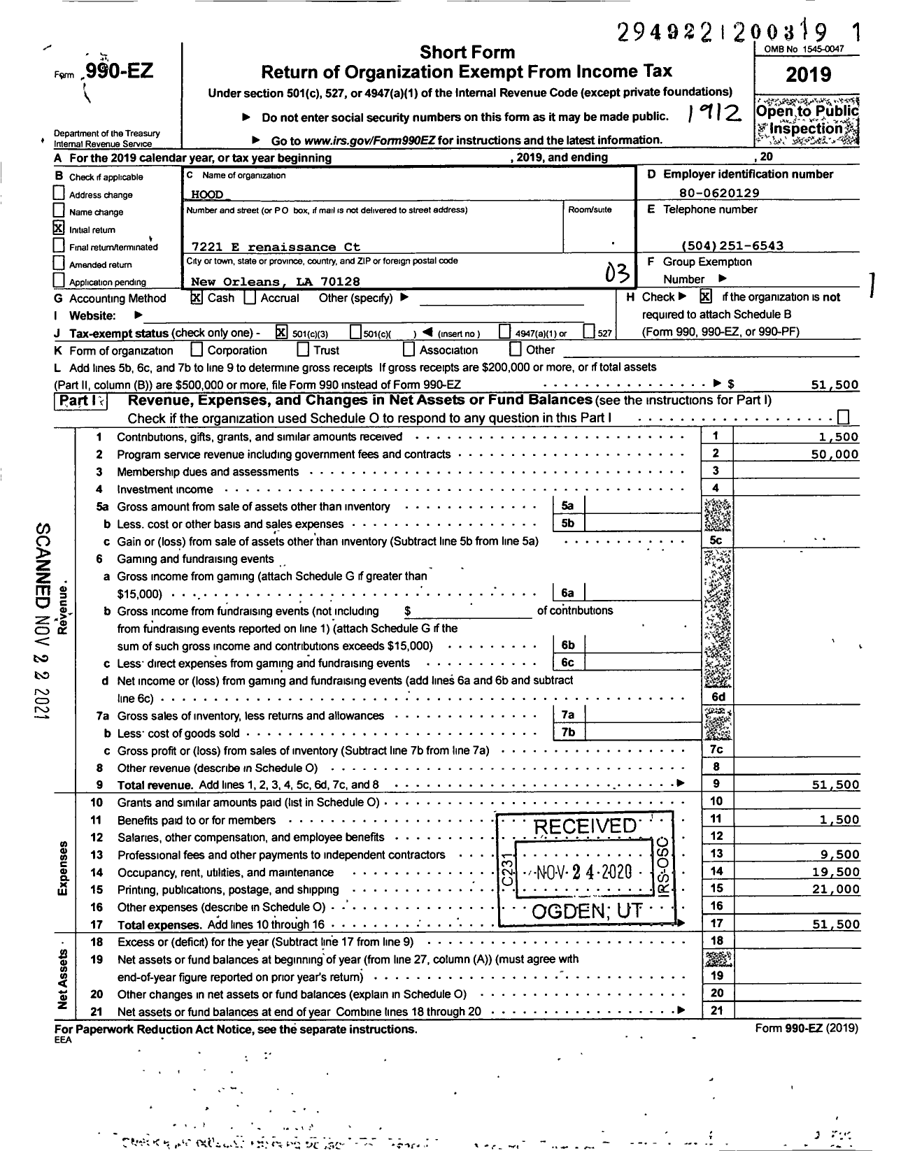 Image of first page of 2019 Form 990EZ for H O O D