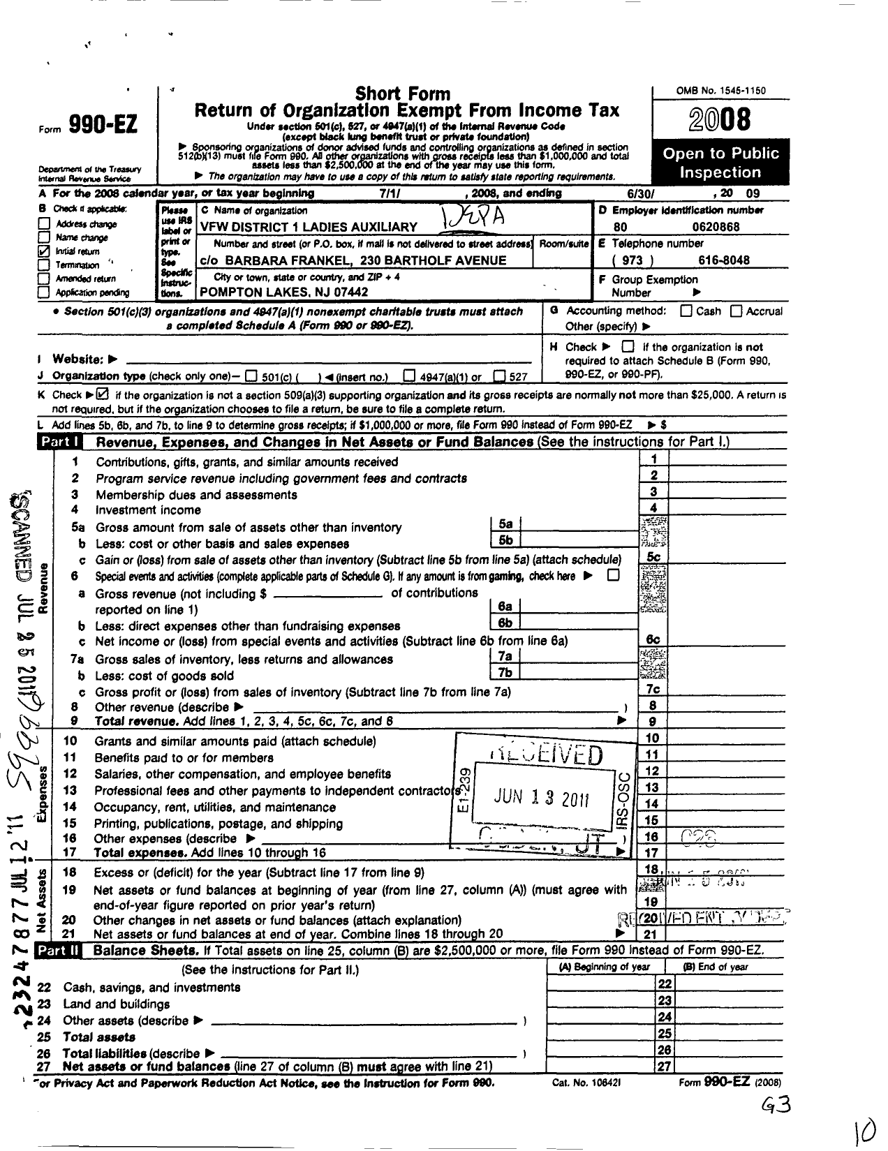 Image of first page of 2008 Form 990EO for VFW Auxiliary Department of NJ - 1 District New Jersey Aux