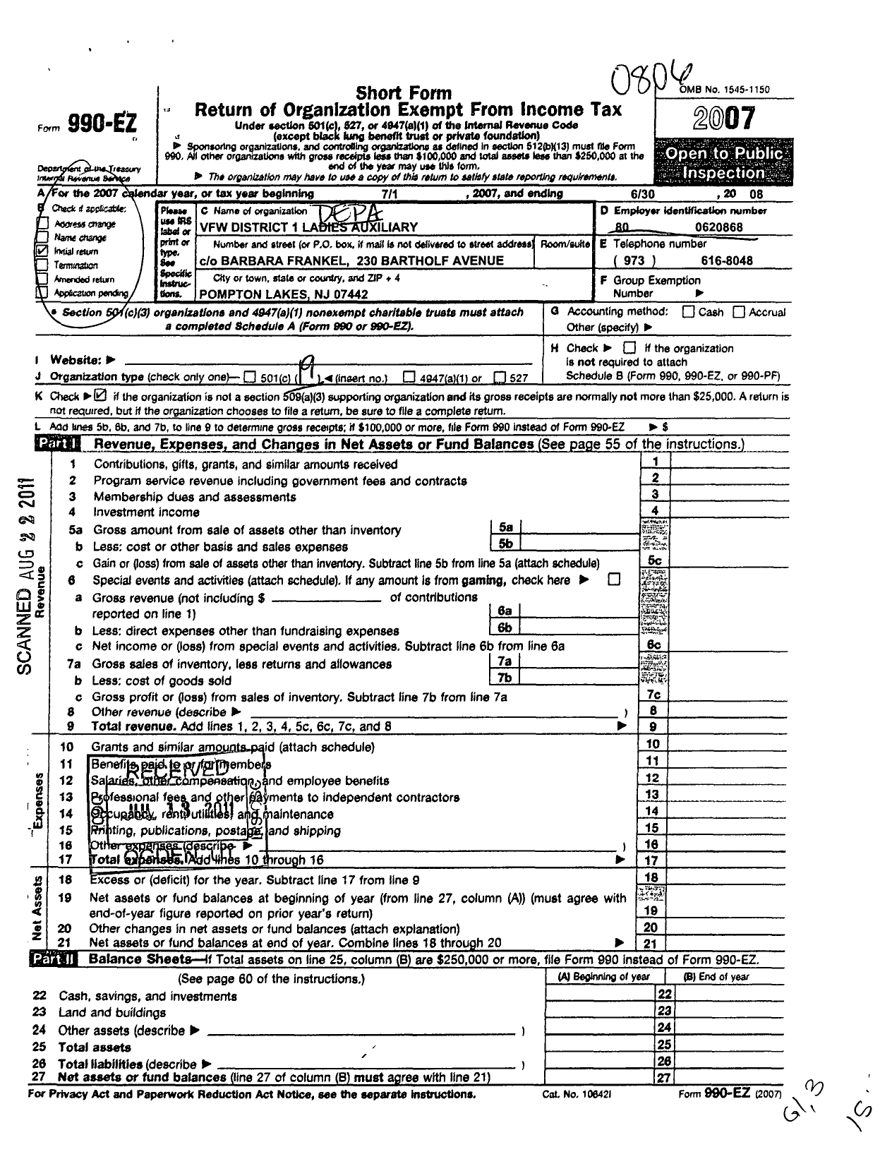 Image of first page of 2007 Form 990EO for VFW Auxiliary Department of NJ - 1 District New Jersey Aux