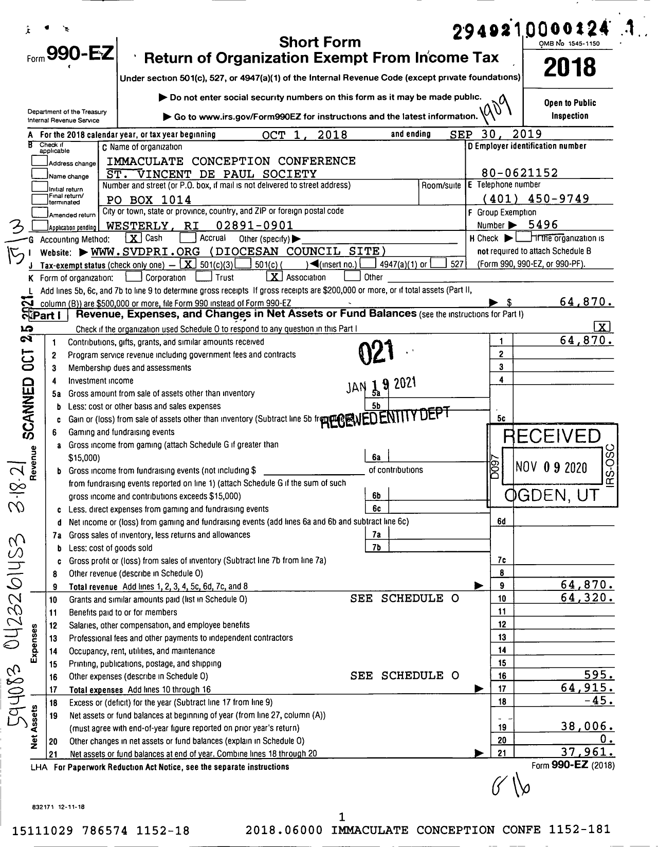 Image of first page of 2018 Form 990EZ for Society of ST. Vincent de Paul - Immaculate Conception Conference St Vincent de Paul Society