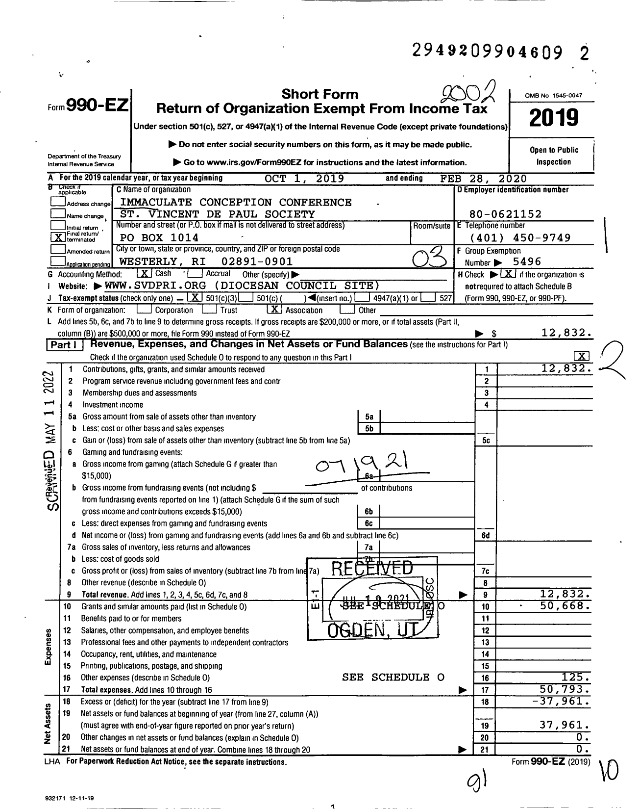 Image of first page of 2019 Form 990EZ for Society of ST. Vincent de Paul - Immaculate Conception Conference St Vincent de Paul Society