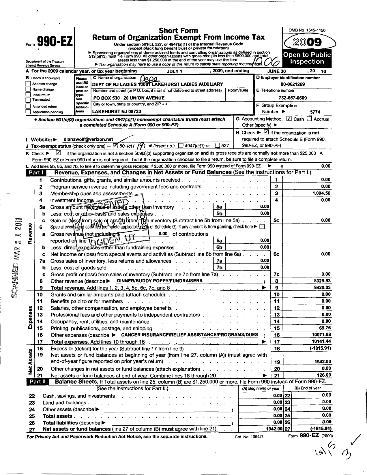 Image of first page of 2009 Form 990EO for VFW Auxiliary Department of NJ - 10061 Lakehurst Auxiliary