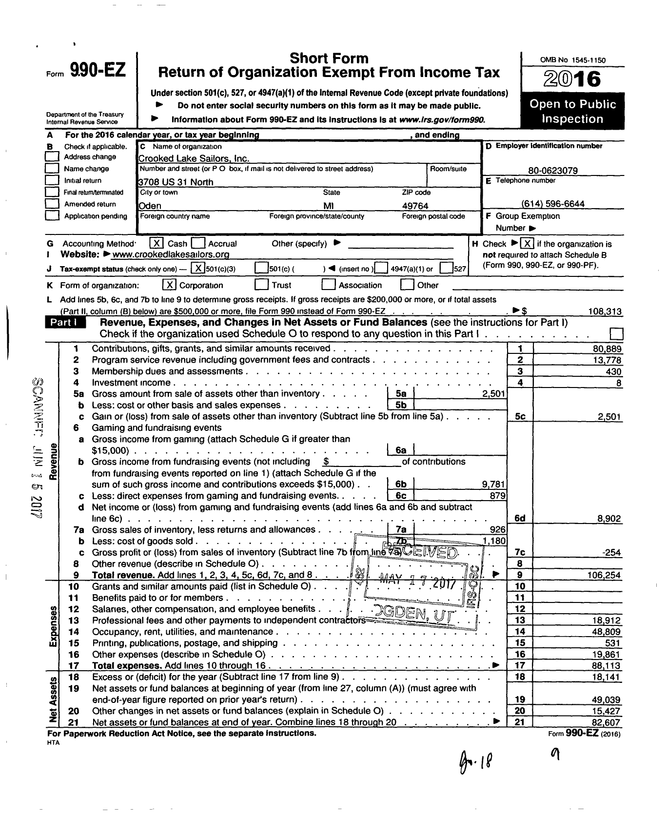 Image of first page of 2016 Form 990EZ for Crooked Lake Sailors