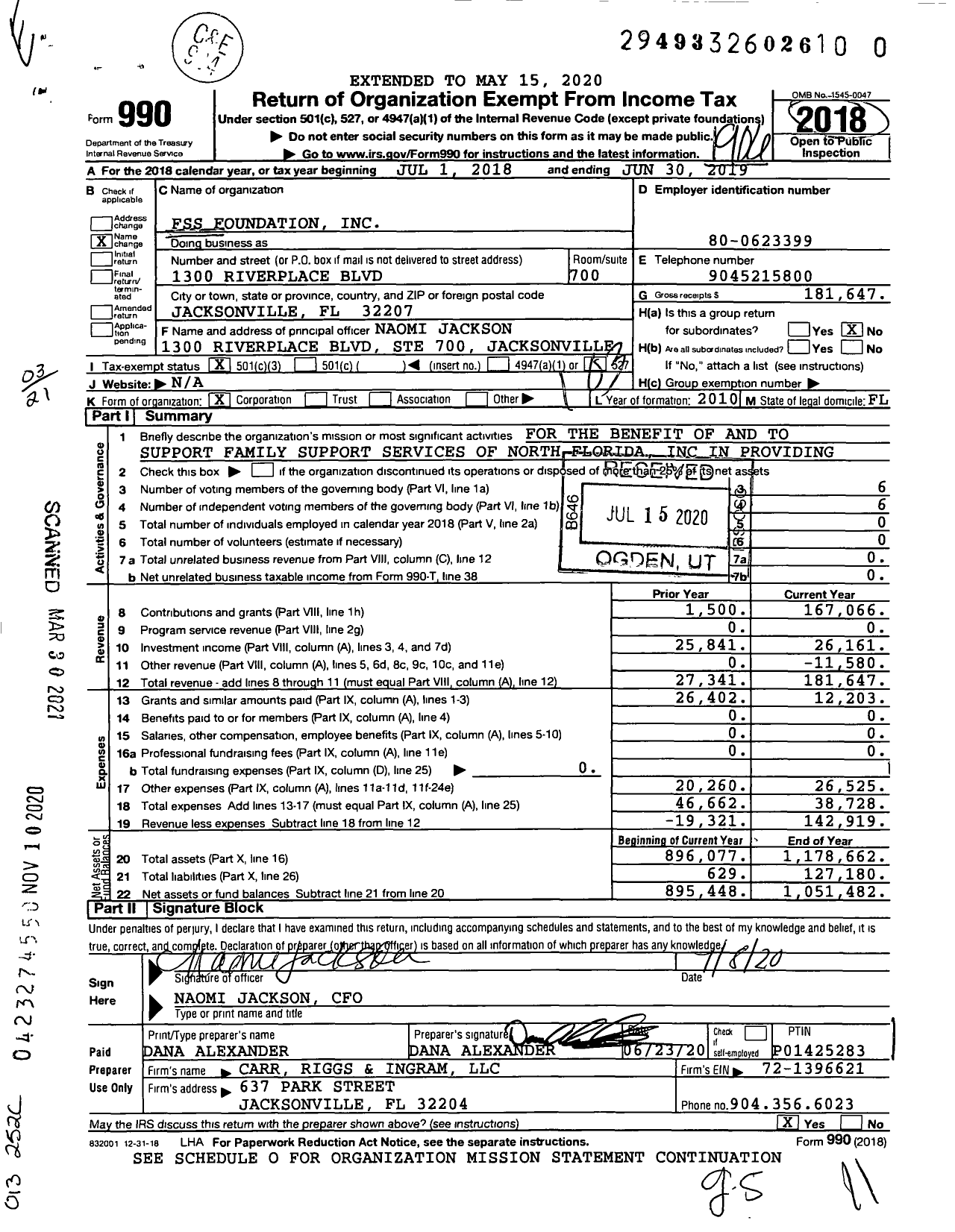 Image of first page of 2018 Form 990 for FSS Foundation