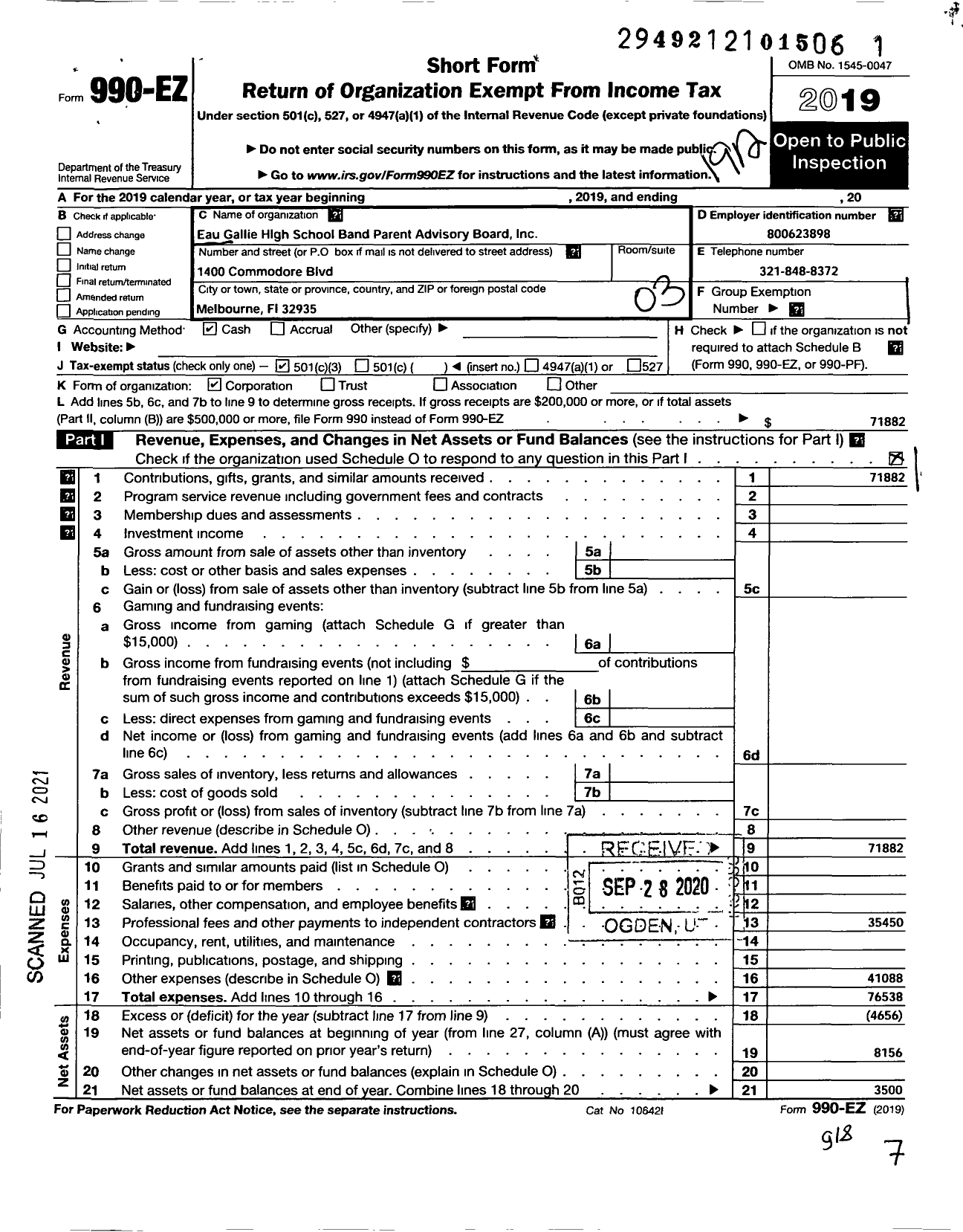 Image of first page of 2019 Form 990EZ for Eaugallie High School Band Parent Advisory Board