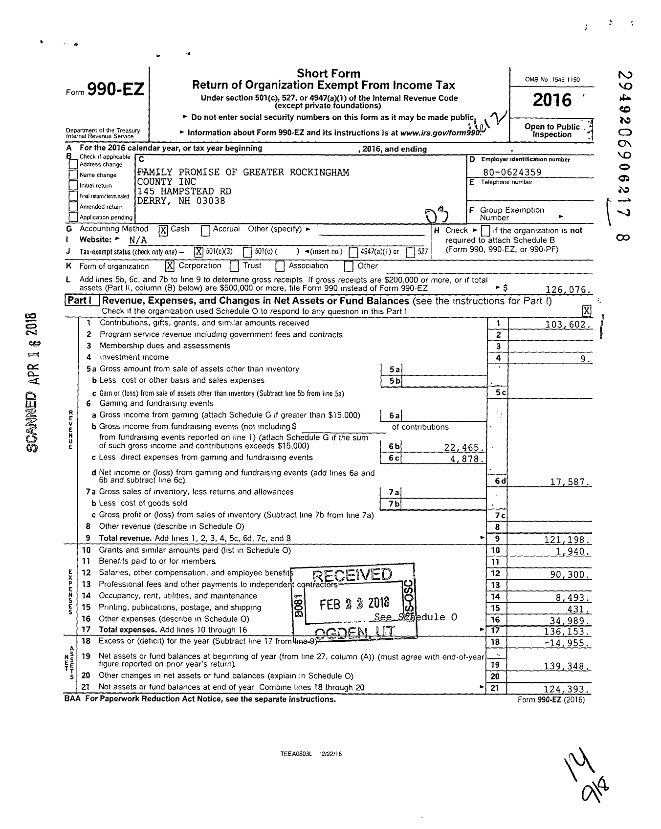 Image of first page of 2016 Form 990EZ for Family Promise of Greater Rockingham County