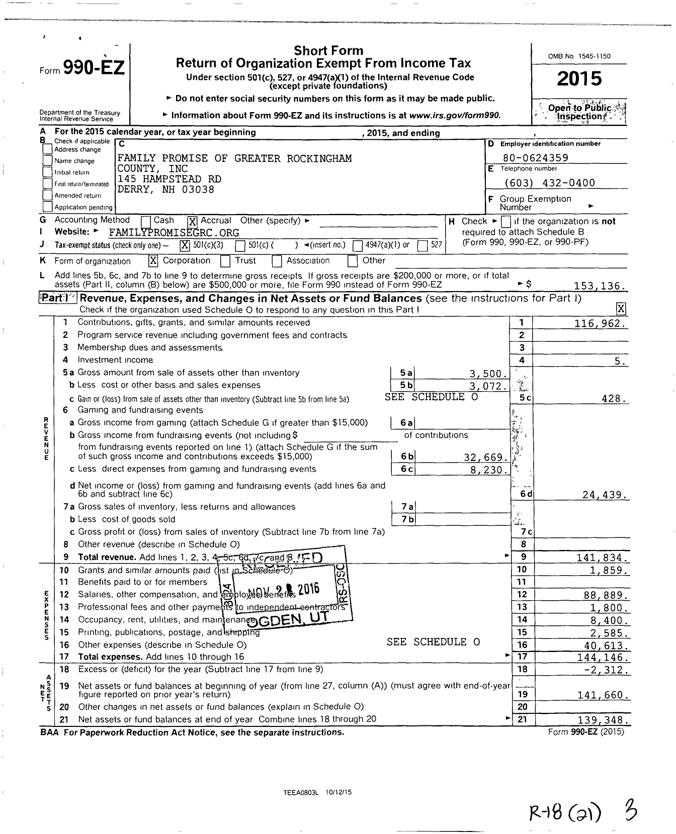 Image of first page of 2015 Form 990EZ for Family Promise of Greater Rockingham County