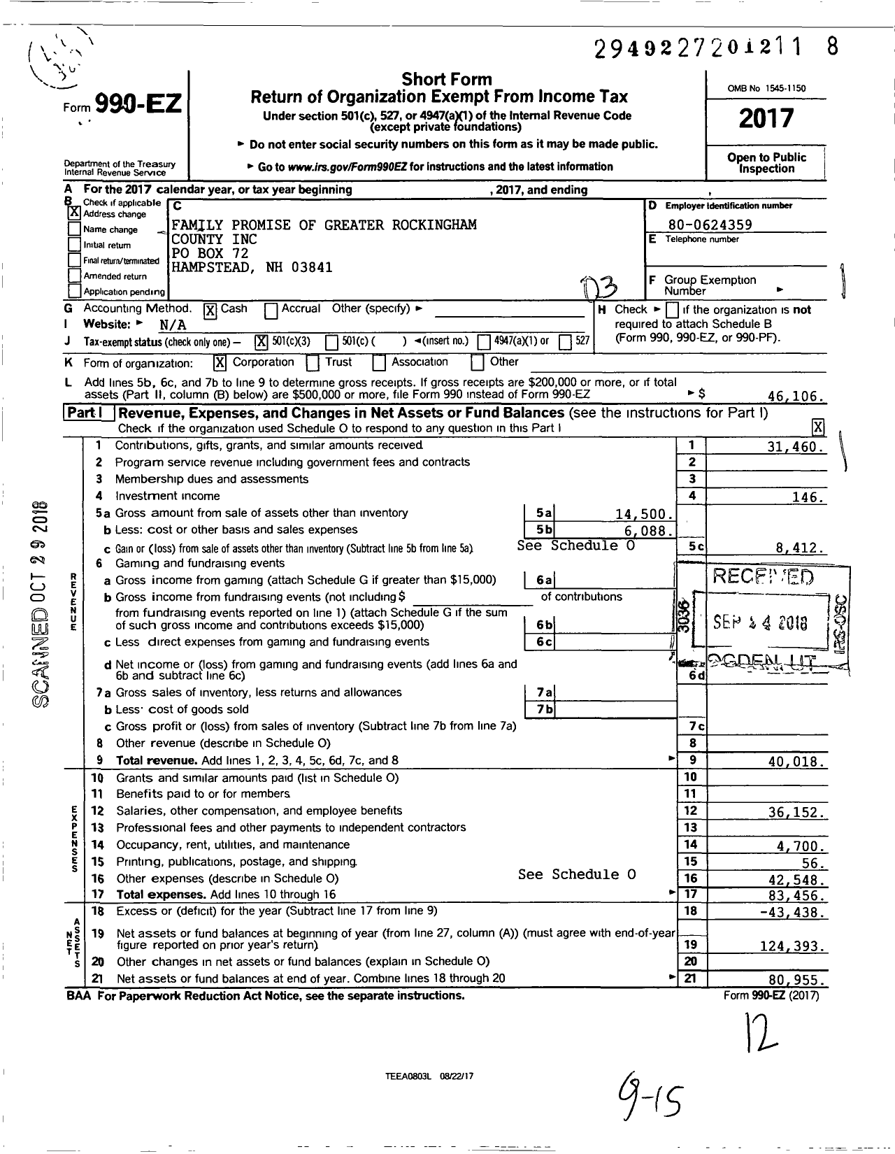 Image of first page of 2017 Form 990EZ for Family Promise of Greater Rockingham County