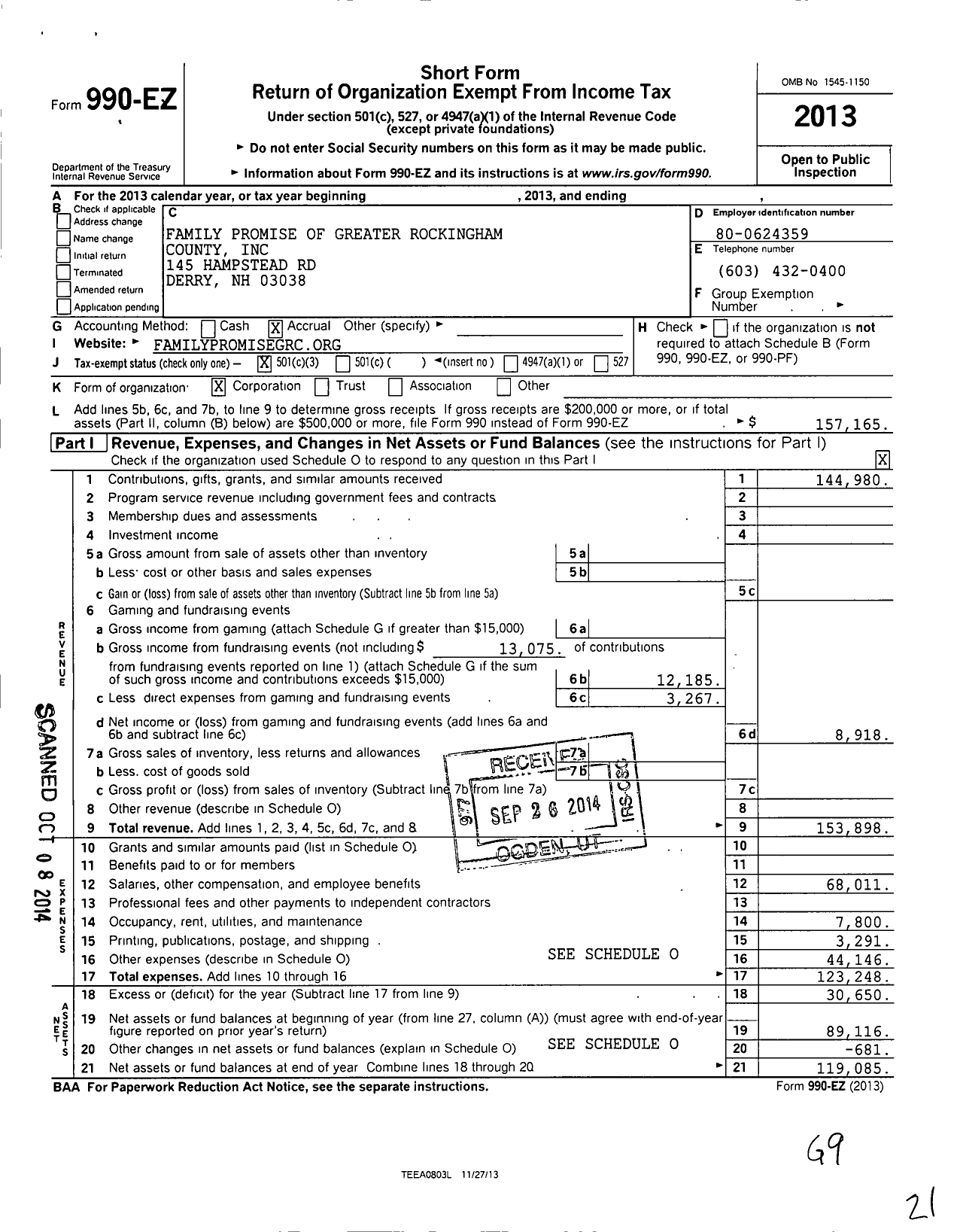 Image of first page of 2013 Form 990EZ for Family Promise of Greater Rockingham County