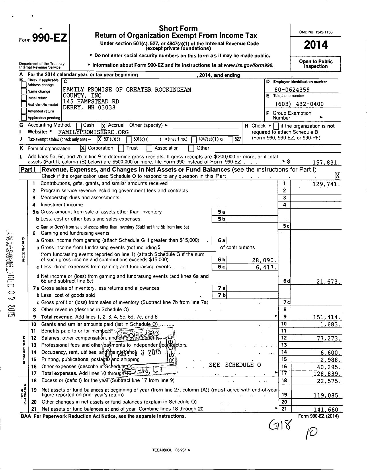 Image of first page of 2014 Form 990EZ for Family Promise of Greater Rockingham County