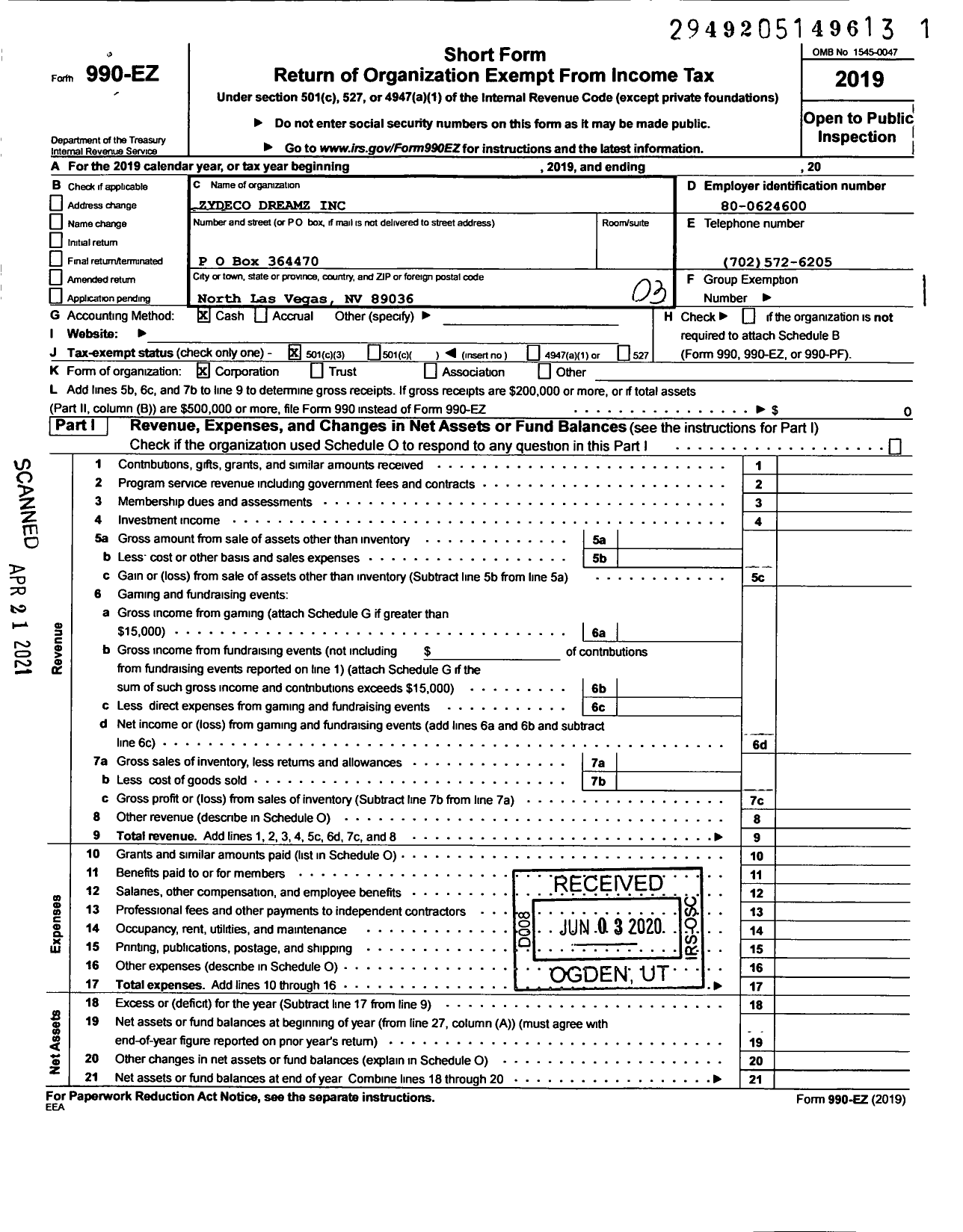 Image of first page of 2019 Form 990EZ for Zydeco Dreamz