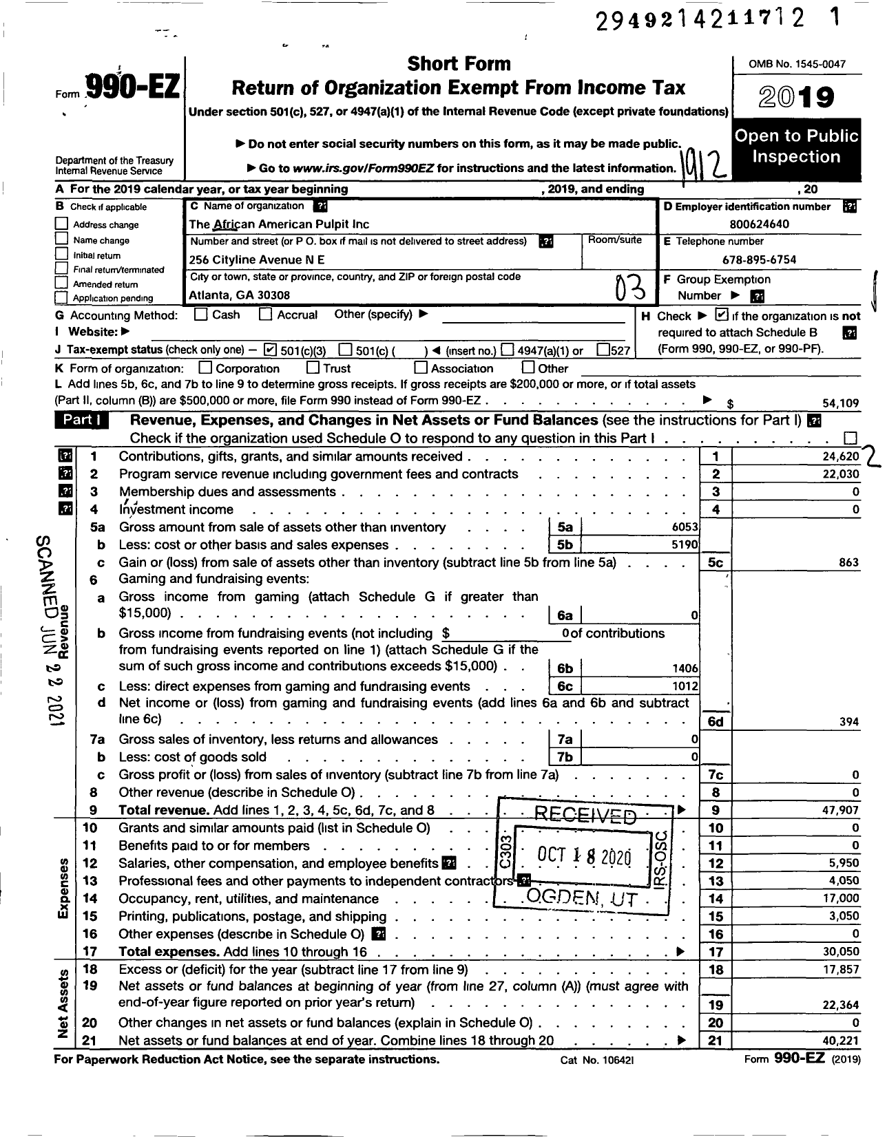 Image of first page of 2019 Form 990EZ for The African American Pulpit