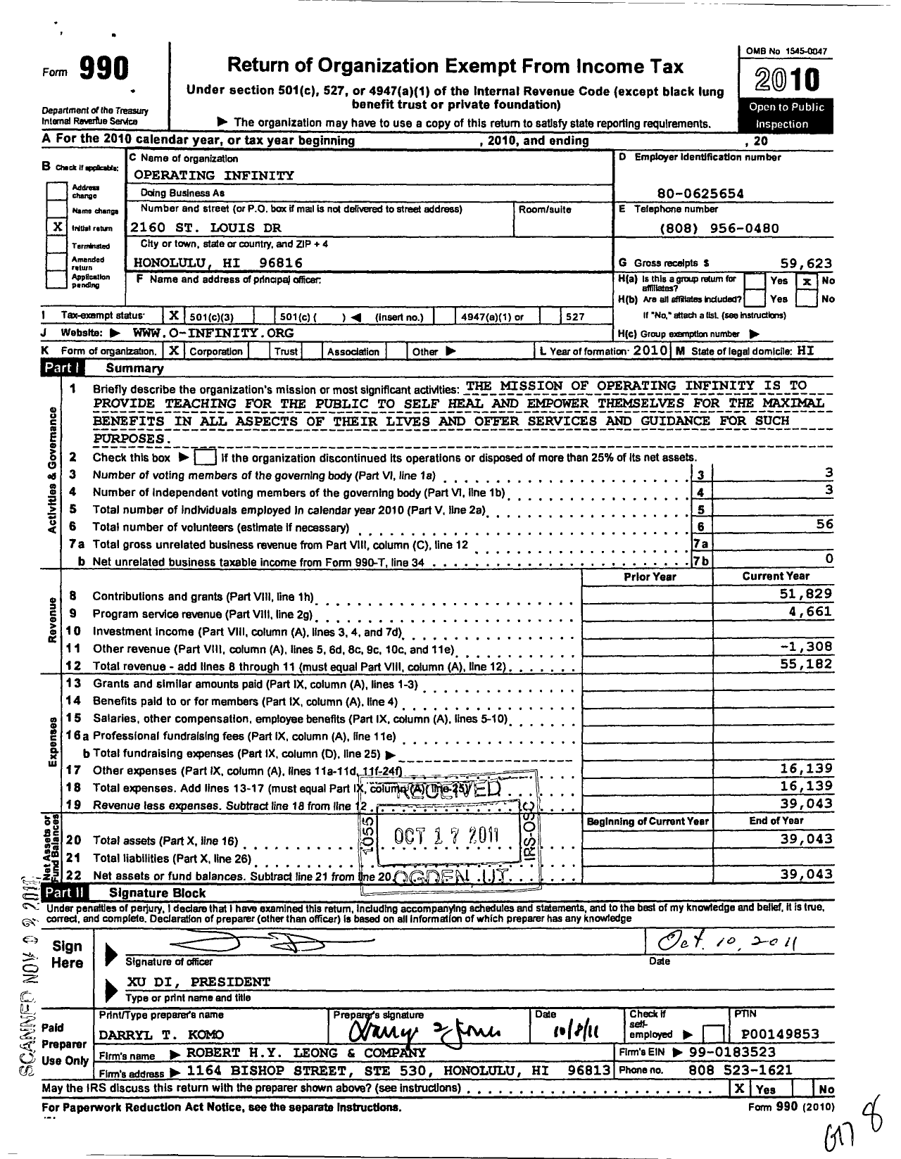 Image of first page of 2010 Form 990 for Operating Infinity