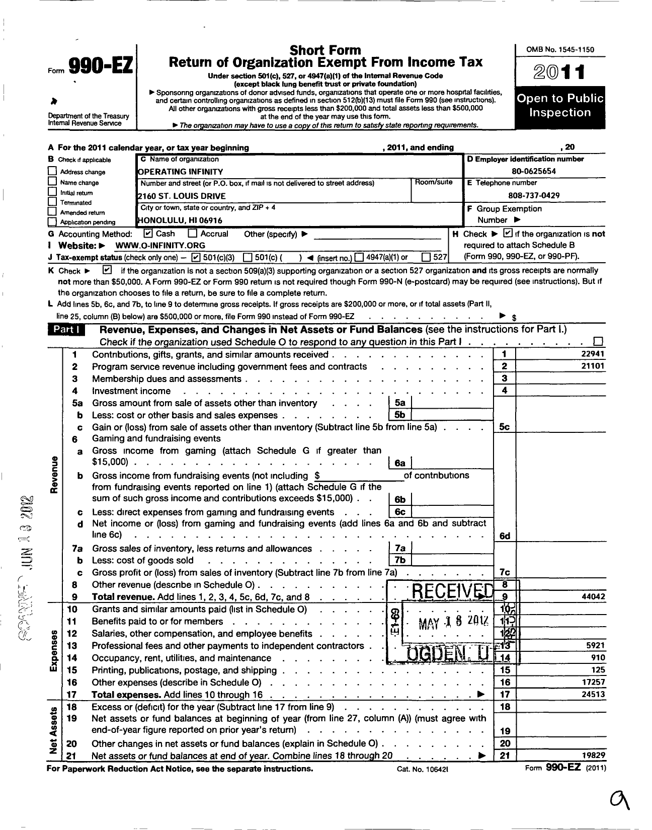 Image of first page of 2011 Form 990EZ for Operating Infinity