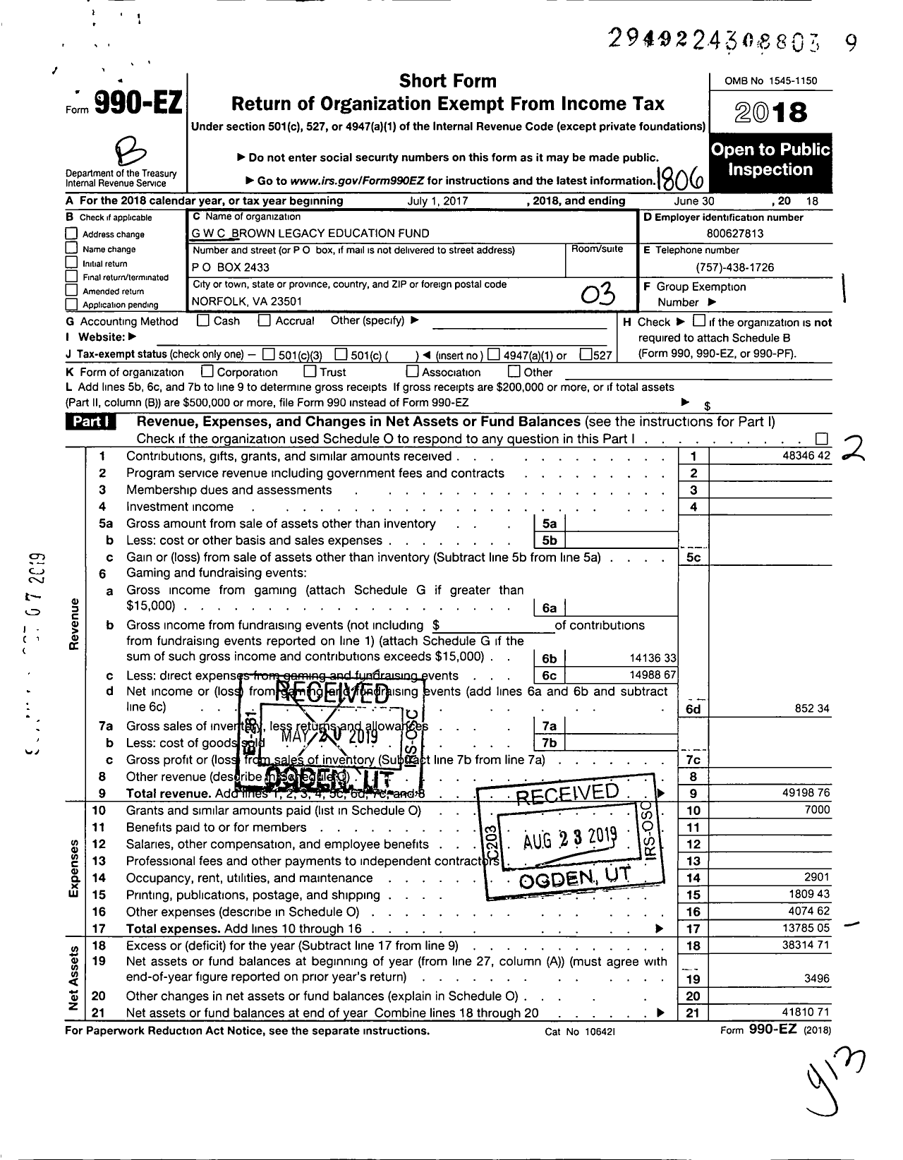 Image of first page of 2017 Form 990EZ for Alpha Phi Lambda Education Foundation