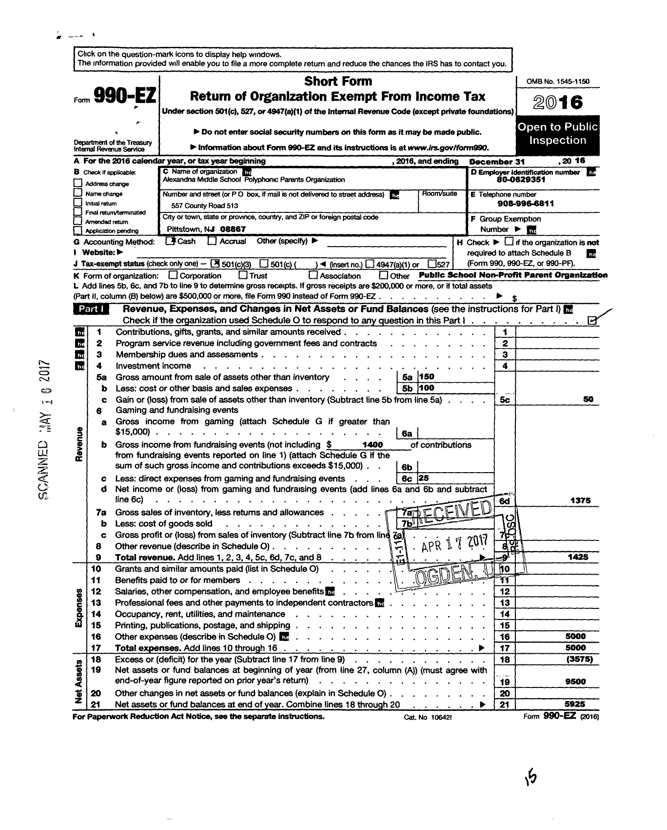 Image of first page of 2016 Form 990EZ for Polyphonic Parents Organization of Ams