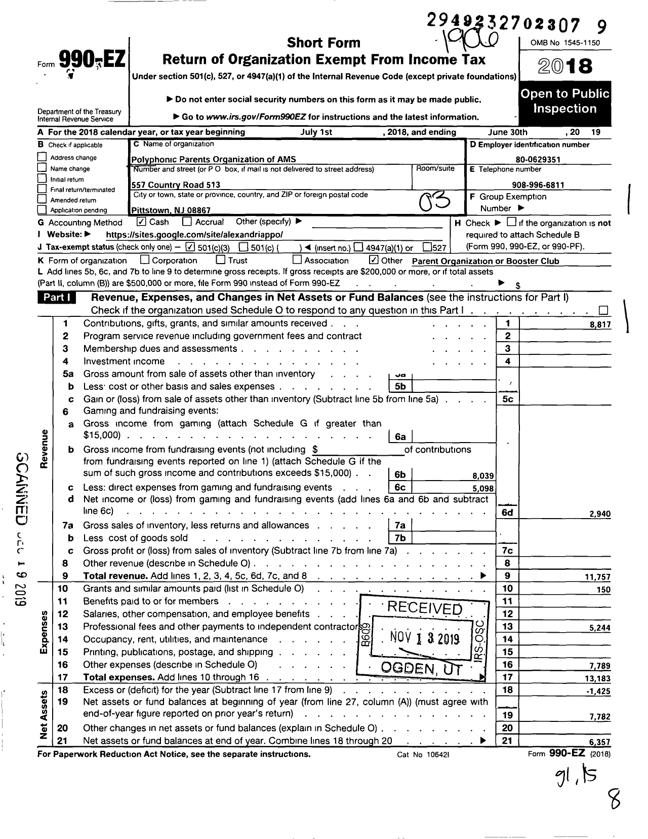 Image of first page of 2018 Form 990EZ for Polyphonic Parents Organization of Ams