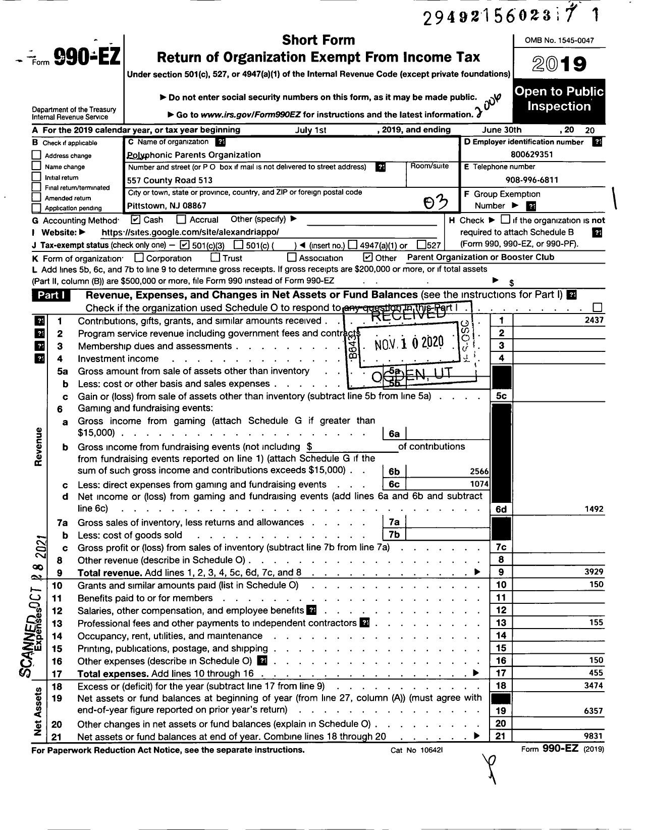 Image of first page of 2019 Form 990EZ for Polyphonic Parents Organization of Ams