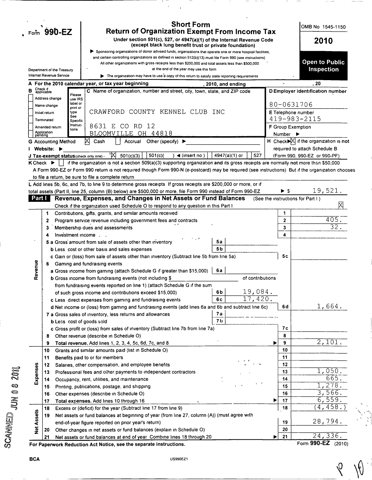 Image of first page of 2010 Form 990EZ for Crawford County Kennel Club