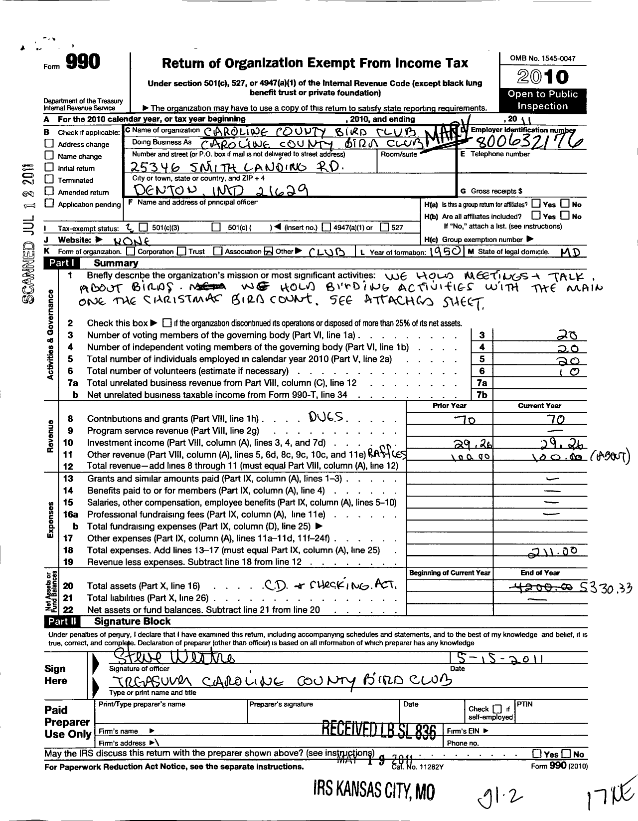 Image of first page of 2010 Form 990O for Maryland Ornithological Society / Caroline County Chapter