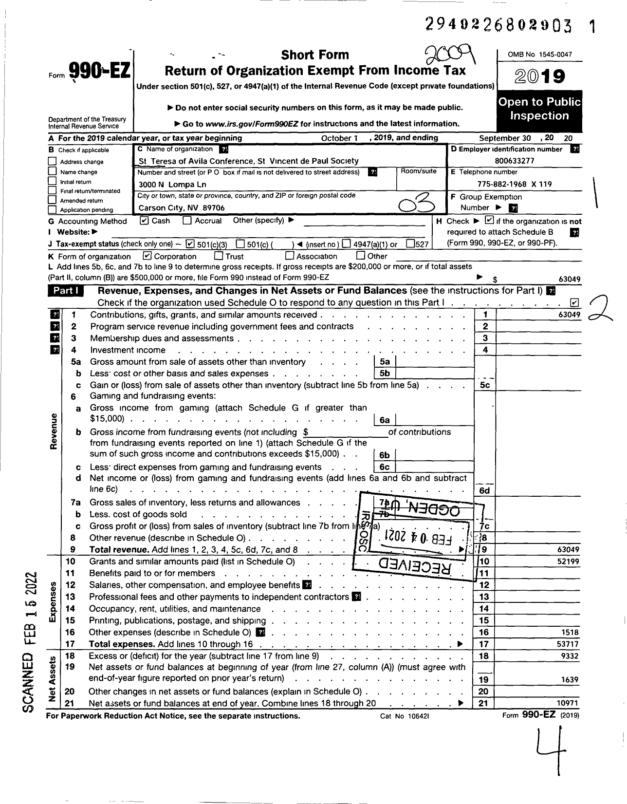 Image of first page of 2019 Form 990EZ for St Teresa of Avila Conference of St Vincent de Paul Society