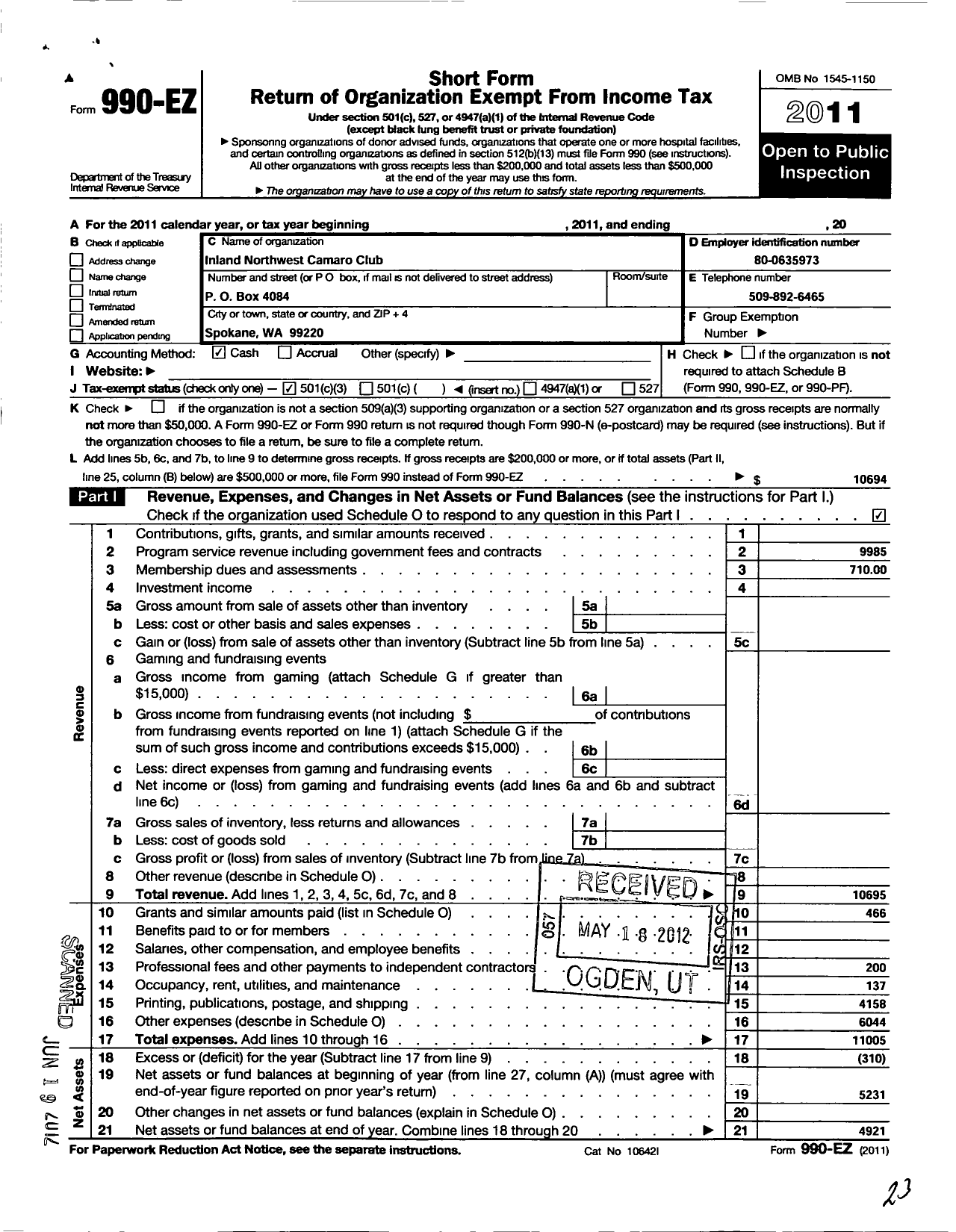 Image of first page of 2011 Form 990EZ for Inland Northwest Camaro Club